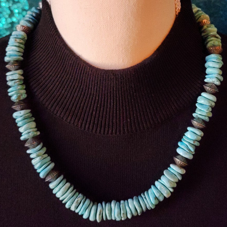 Vintage Turquoise Pearl Fluted Sterling Silver Necklace
