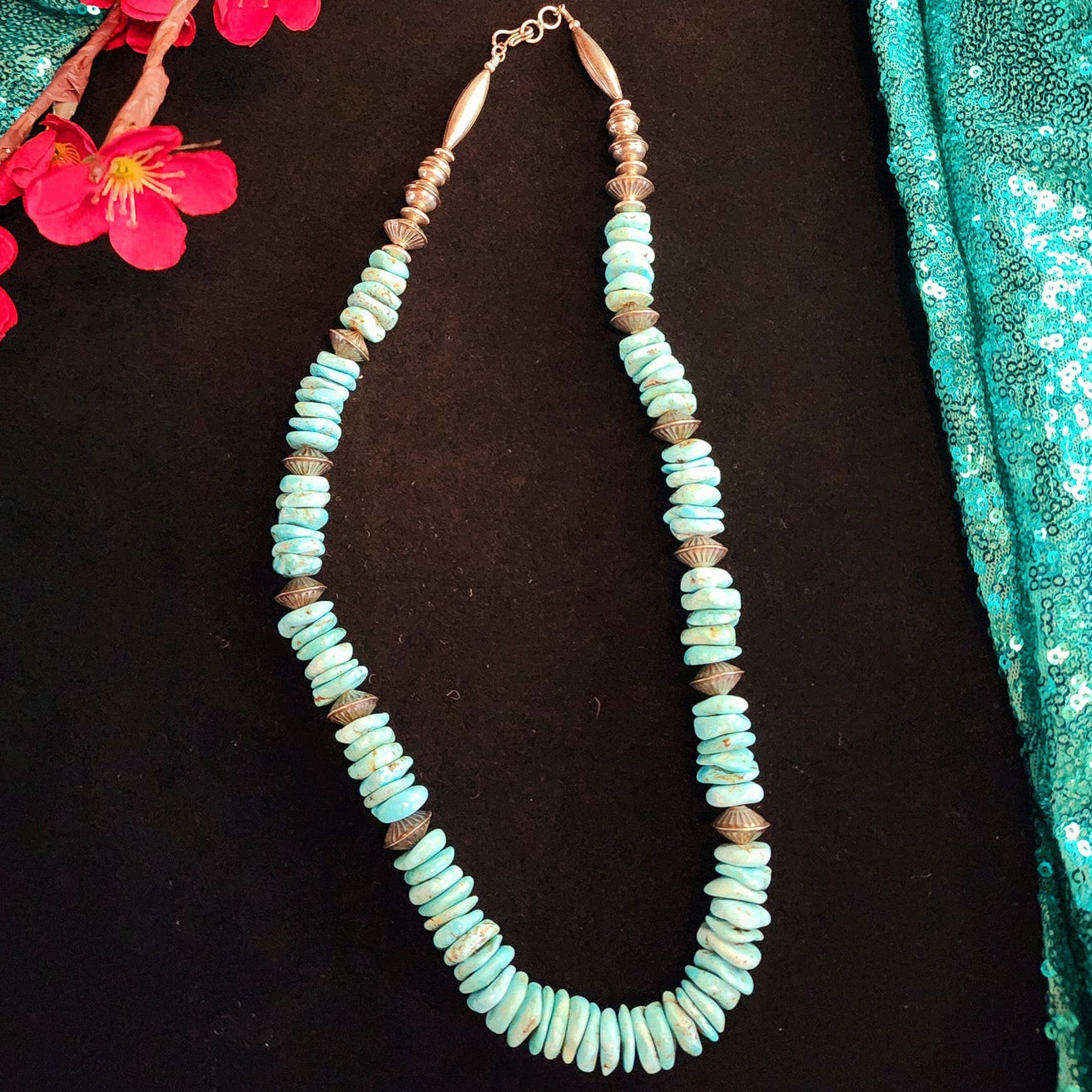 Vintage Turquoise Pearl Fluted Sterling Silver Necklace