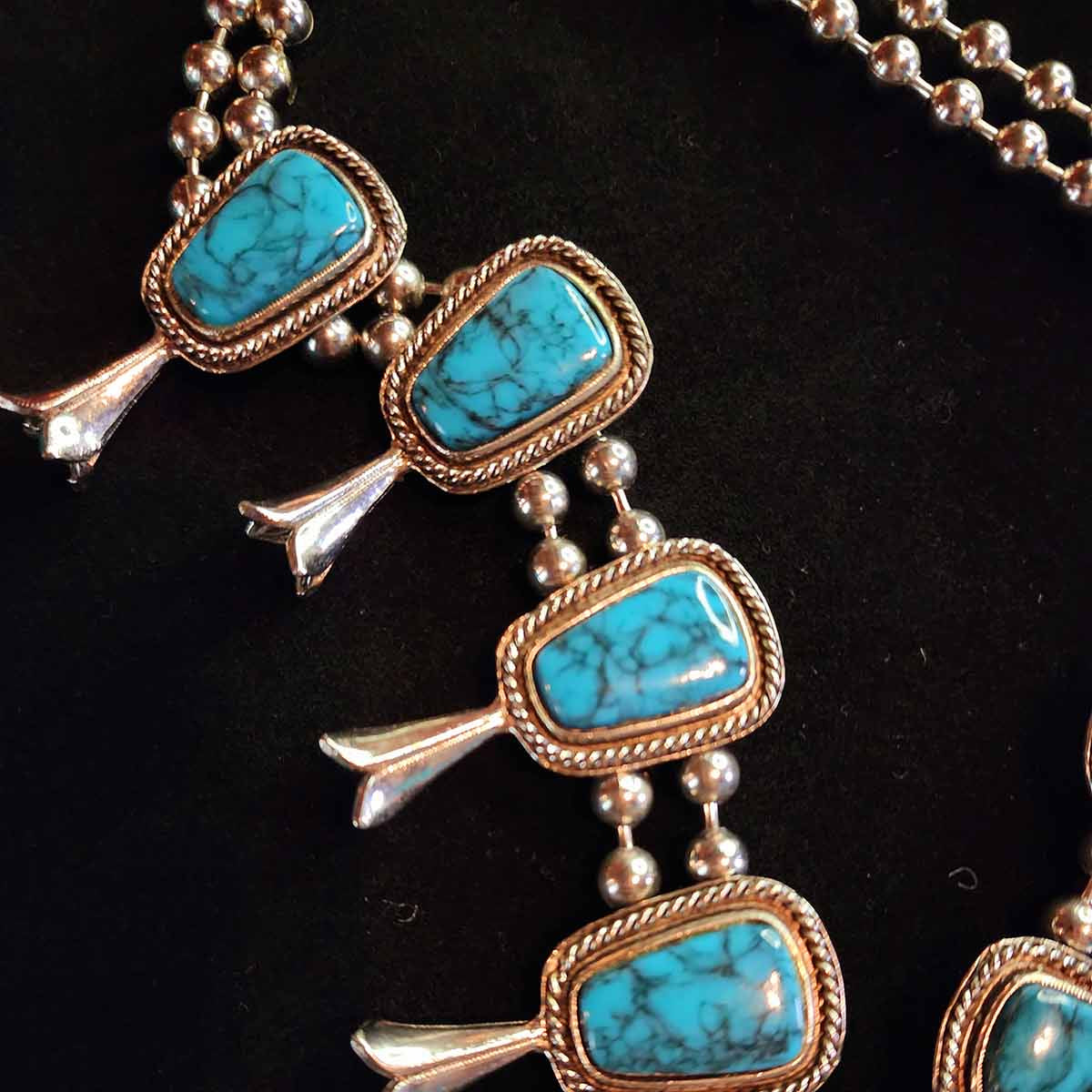 Vintage 60s Pewter Faux Turquoise Squash Blossom Necklace