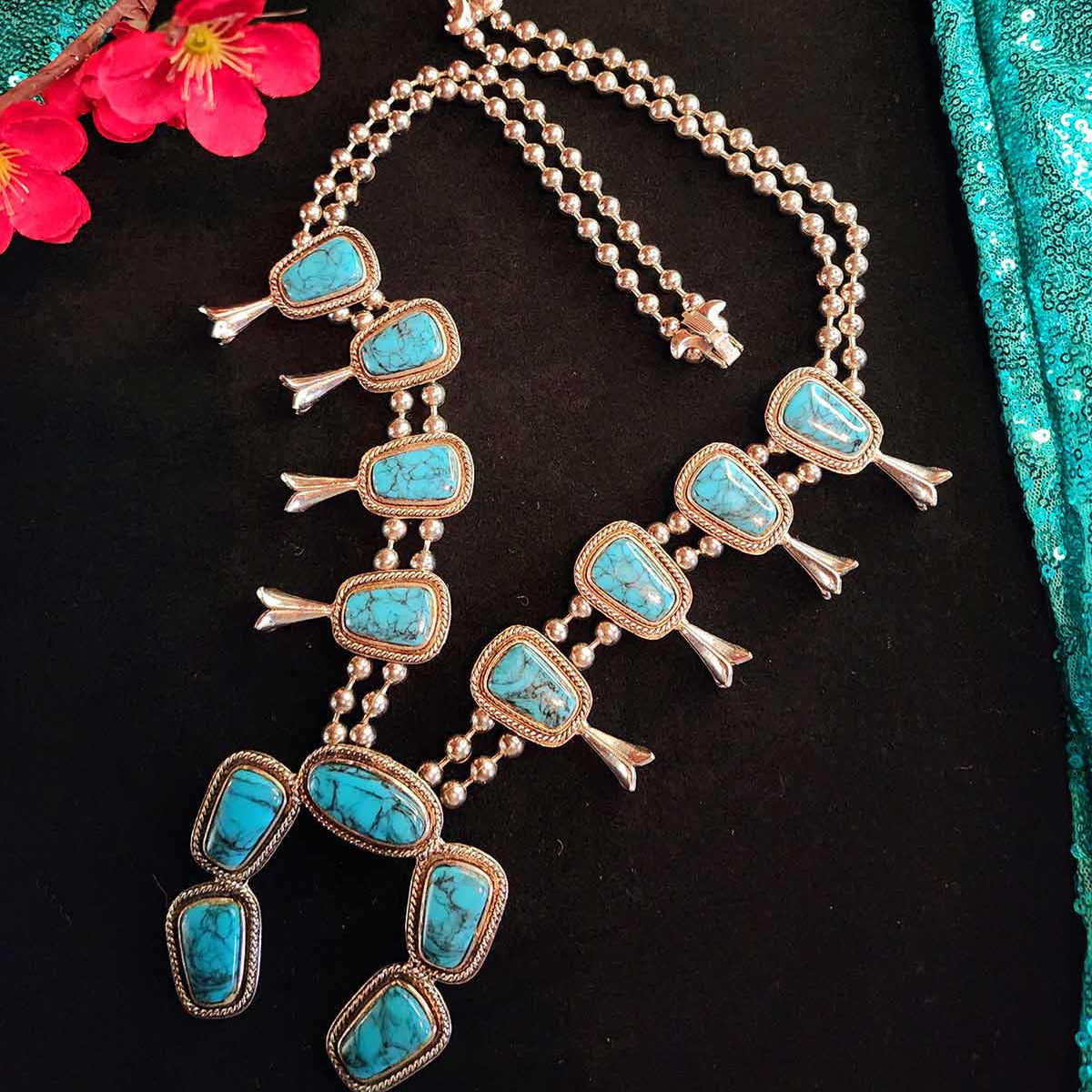 Vintage 60s Pewter Faux Turquoise Squash Blossom Necklace