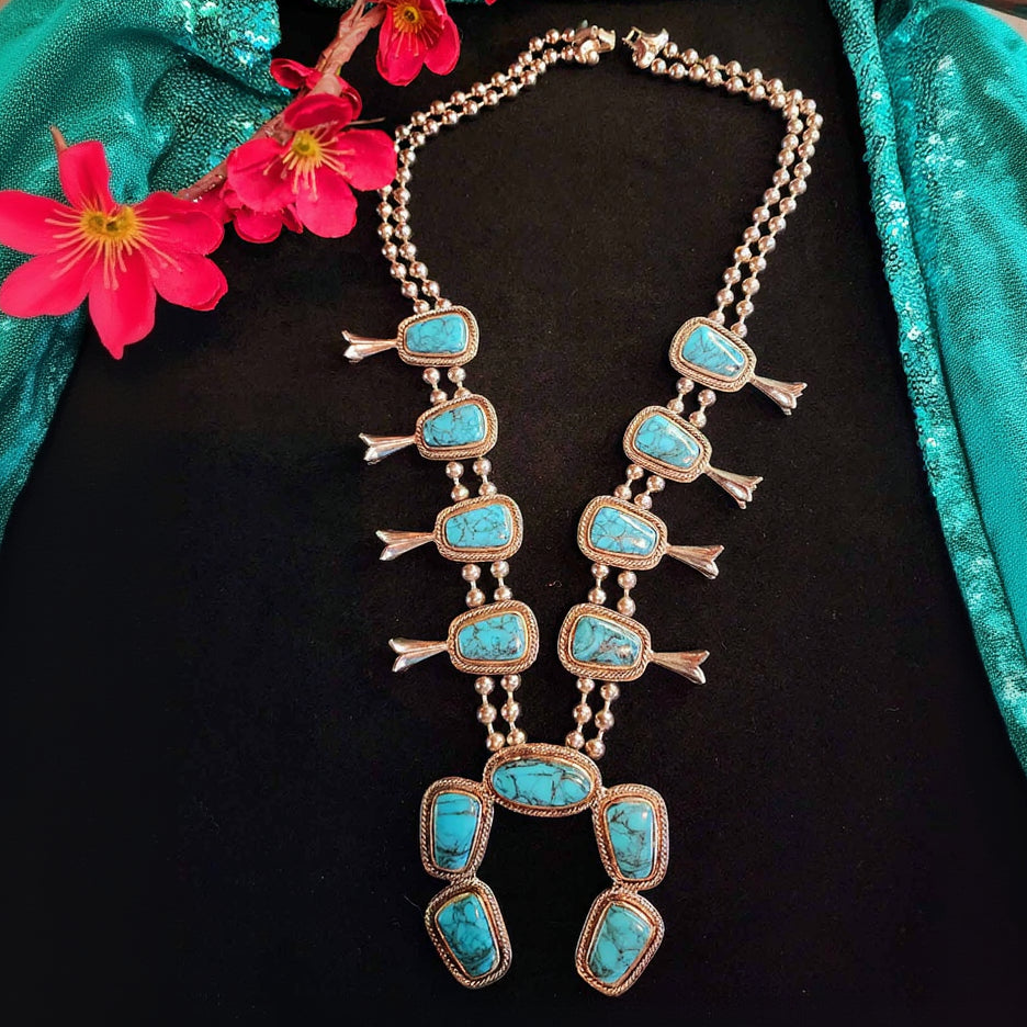 Vintage 60s Pewter Faux Turquoise Squash Blossom Necklace