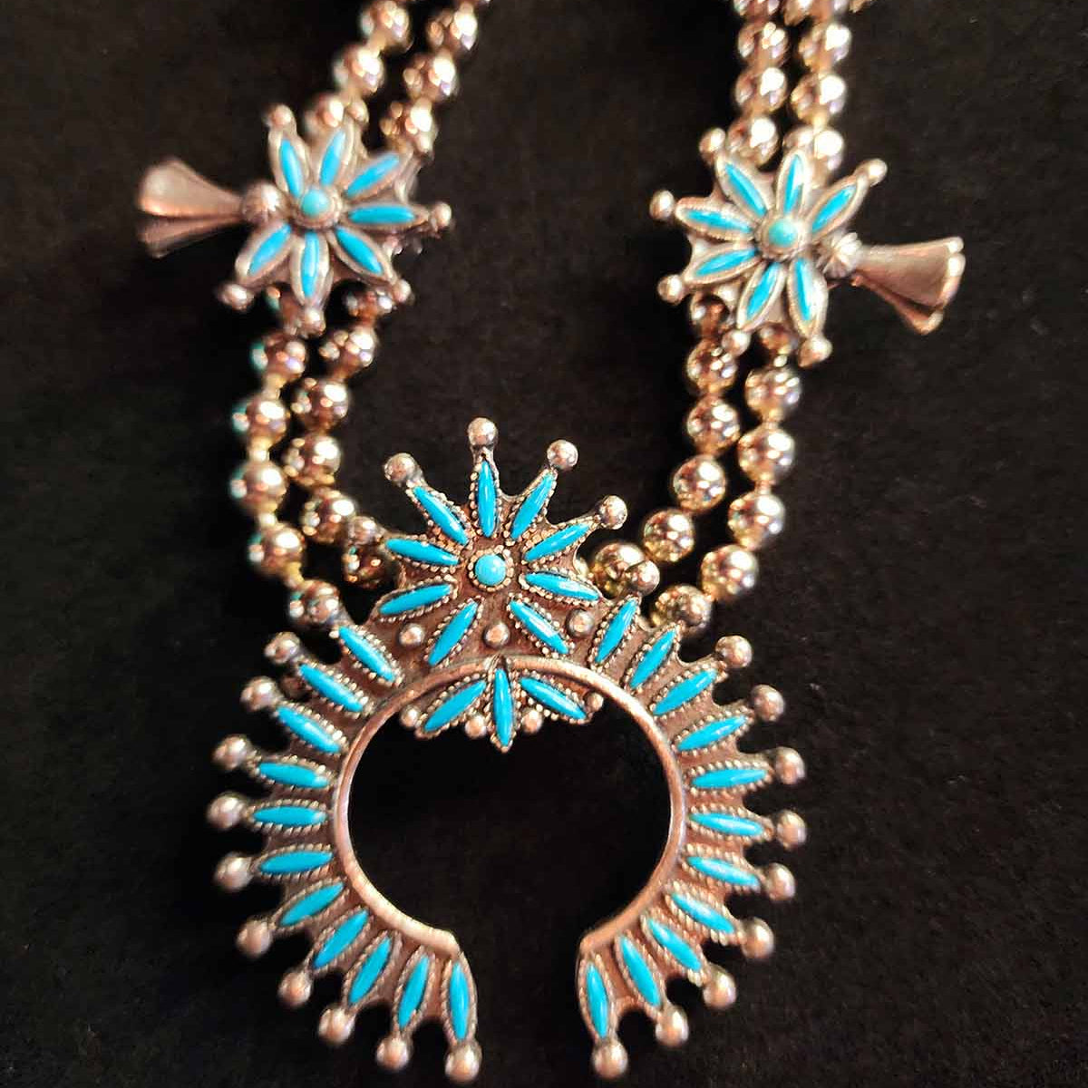 Navajo Laiwakete Zuni Pewter Turquoise Needlepoint Squash Blossom Necklace