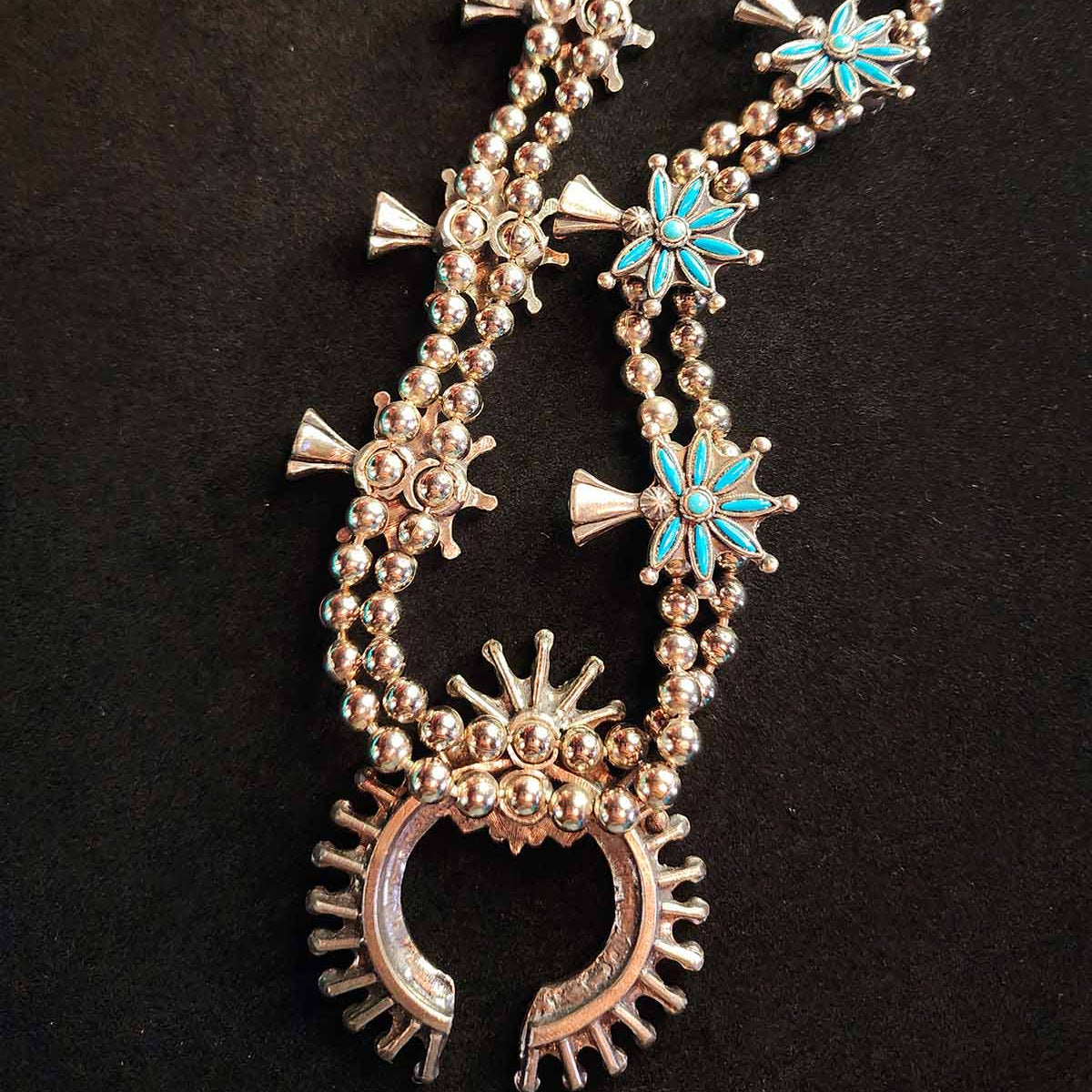 Navajo Laiwakete Zuni Pewter Turquoise Needlepoint Squash Blossom Necklace