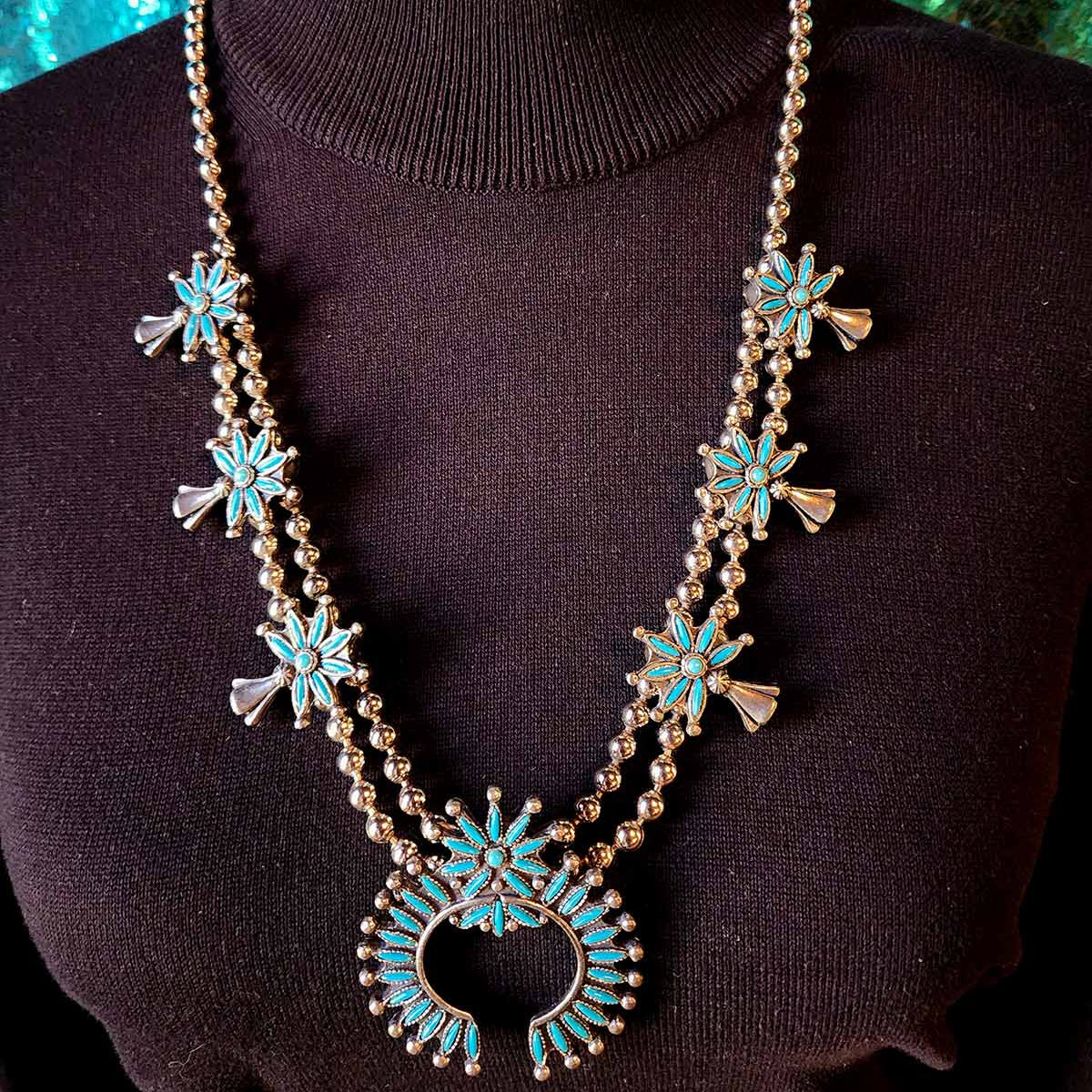 Navajo Laiwakete Zuni Pewter Turquoise Needlepoint Squash Blossom Necklace