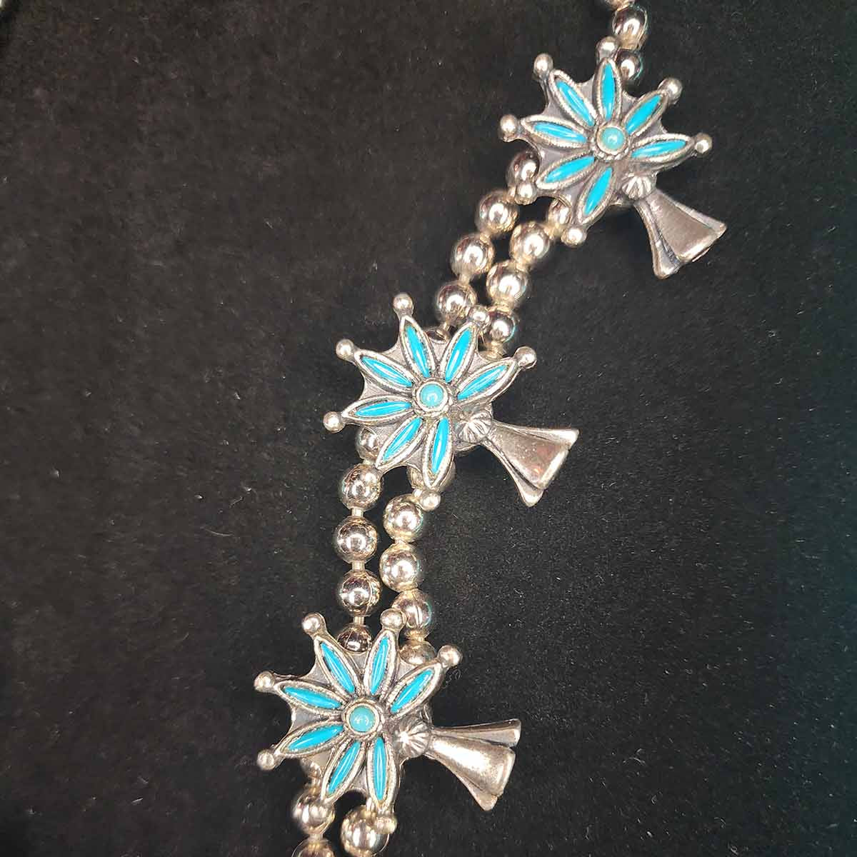 Navajo Laiwakete Zuni Pewter Turquoise Needlepoint Squash Blossom Necklace
