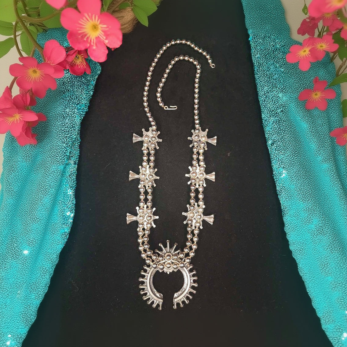 Navajo Laiwakete Zuni Pewter Turquoise Needlepoint Squash Blossom Necklace