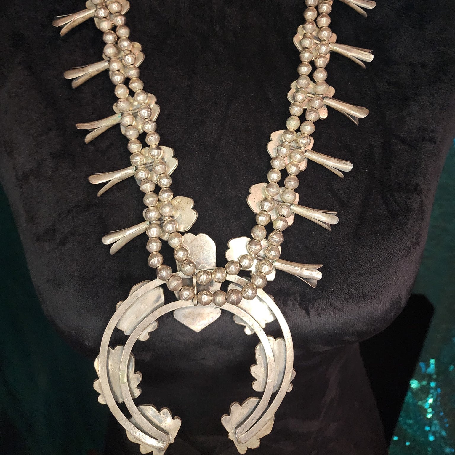 Vintage Navajo Sterling Silver Royston Turquoise Squash Blossom Necklace