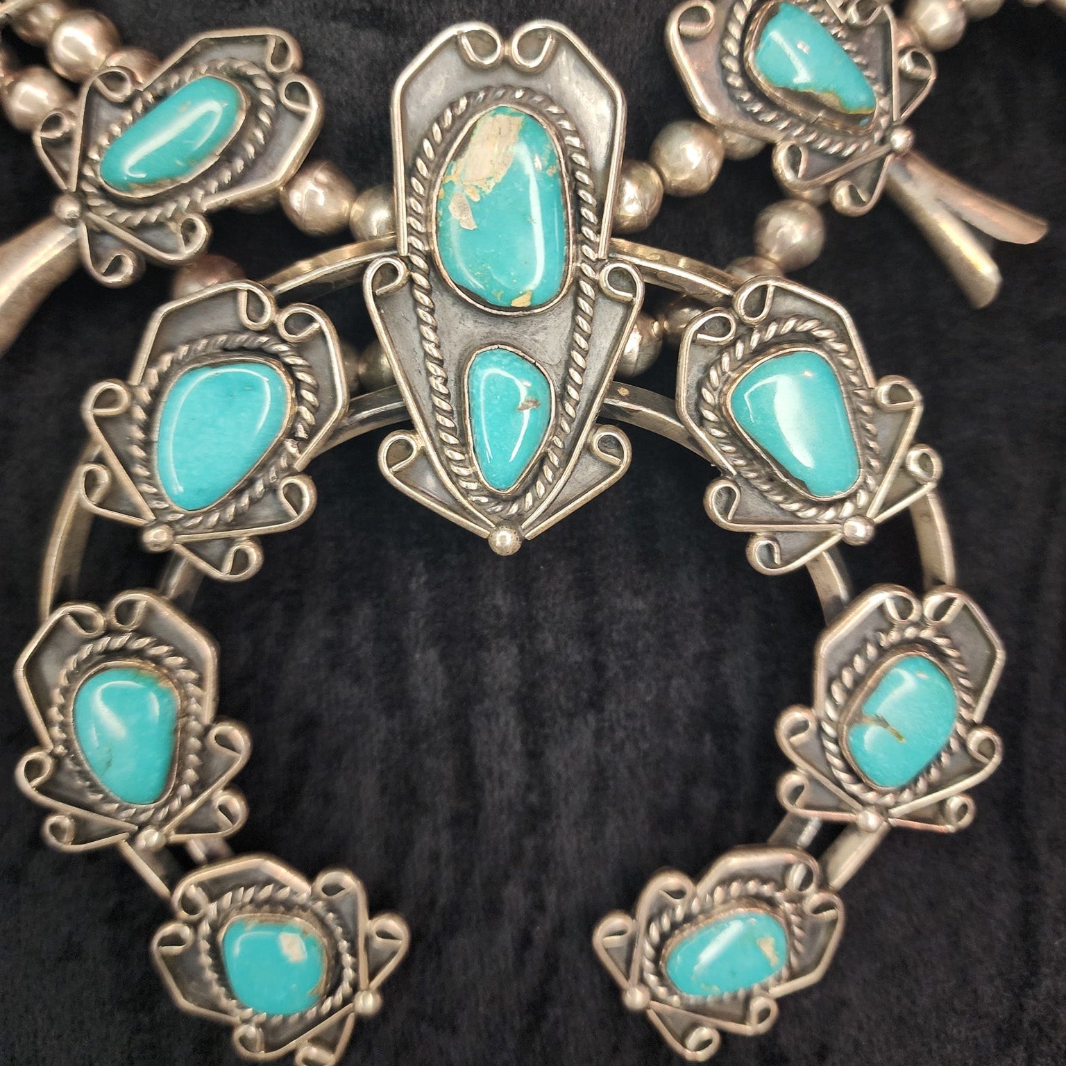 Vintage Navajo Sterling Silver Royston Turquoise Squash Blossom Necklace
