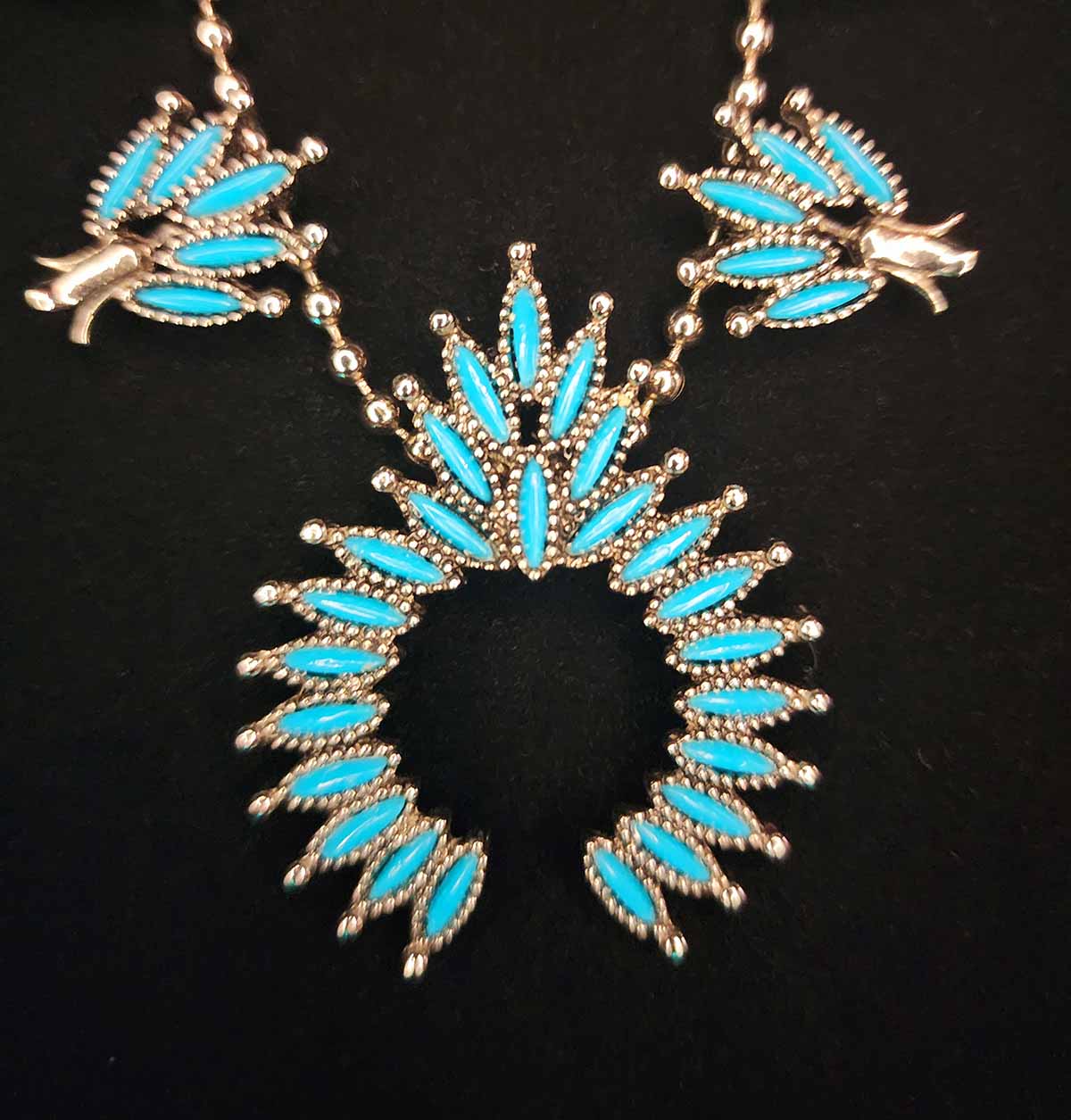 Turquoise Needlepoint Squash Blossom Necklace Naja Pendant Southwestern Statement Jewelry
