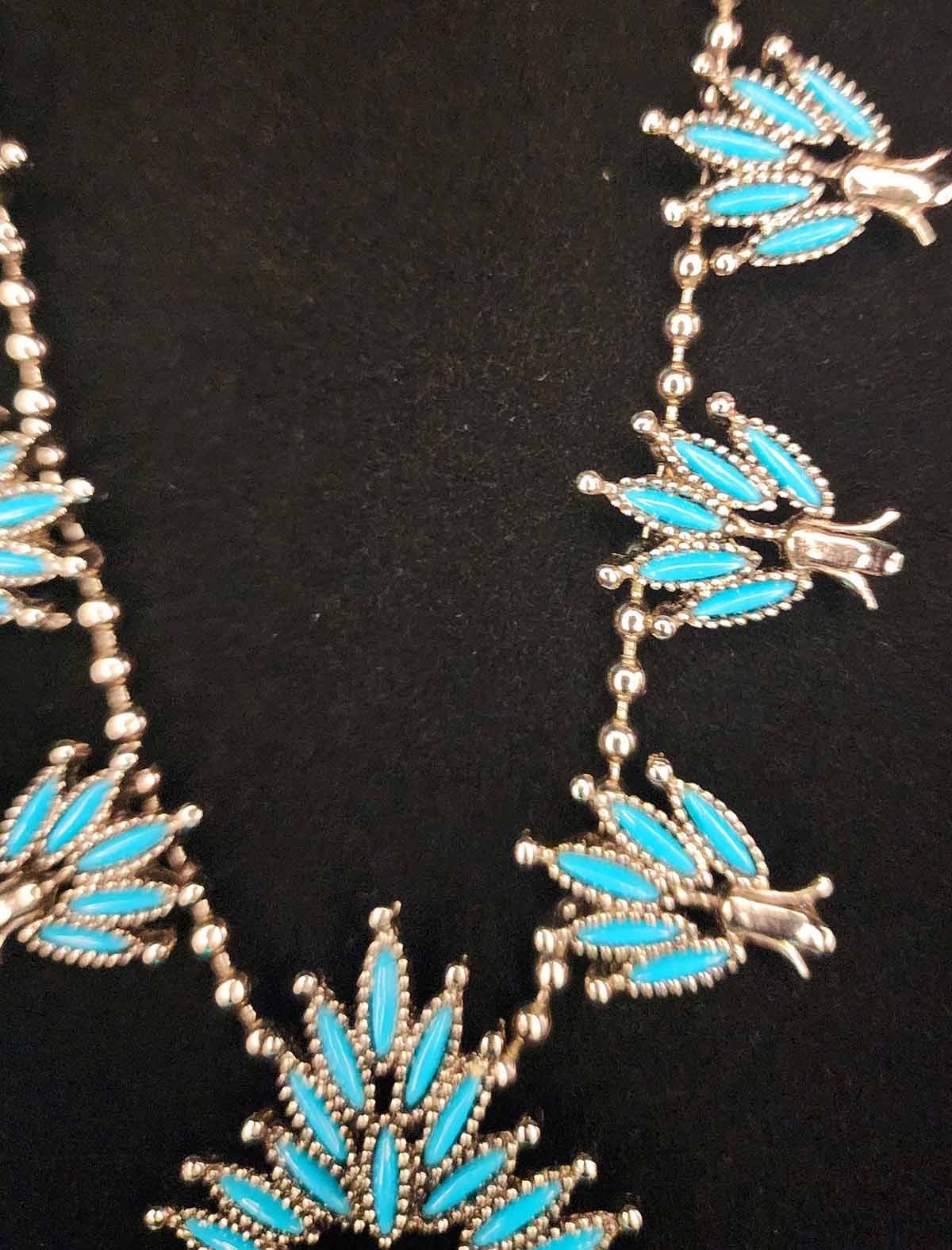 Turquoise Needlepoint Squash Blossom Necklace Naja Pendant Southwestern Statement Jewelry