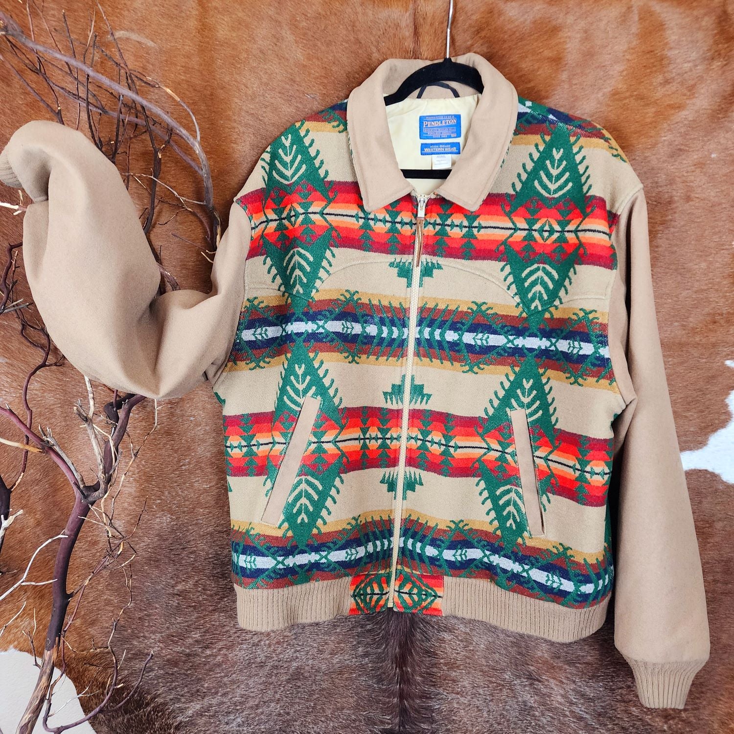 Pendleton Western Jacket XL Wool Blend Aztec Coat Tan Southwestern Zip Up
