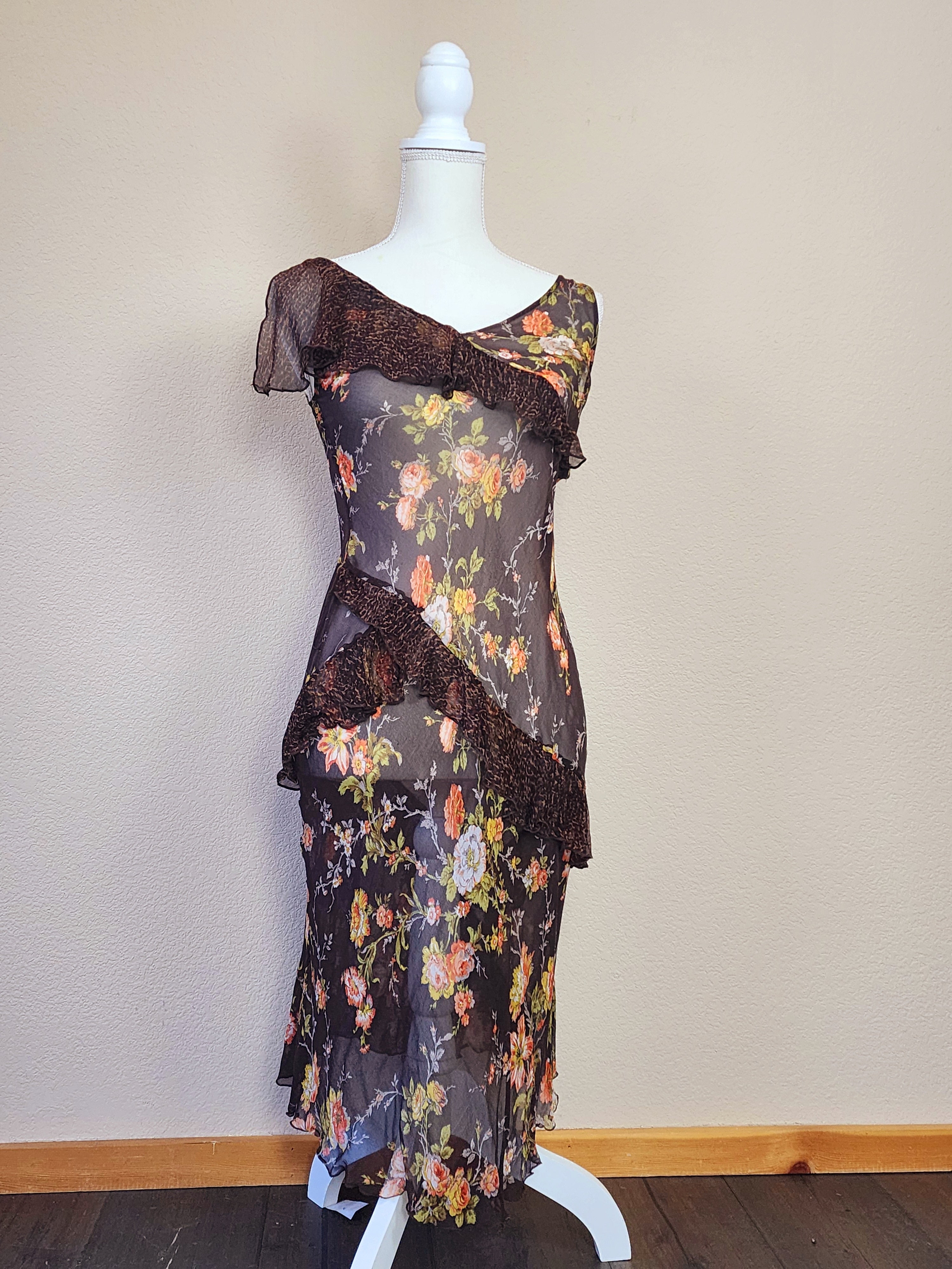 Flowery Brown Sheer/Mesh Form Fitting Slip Dress with Lace Trim on the Bottom
