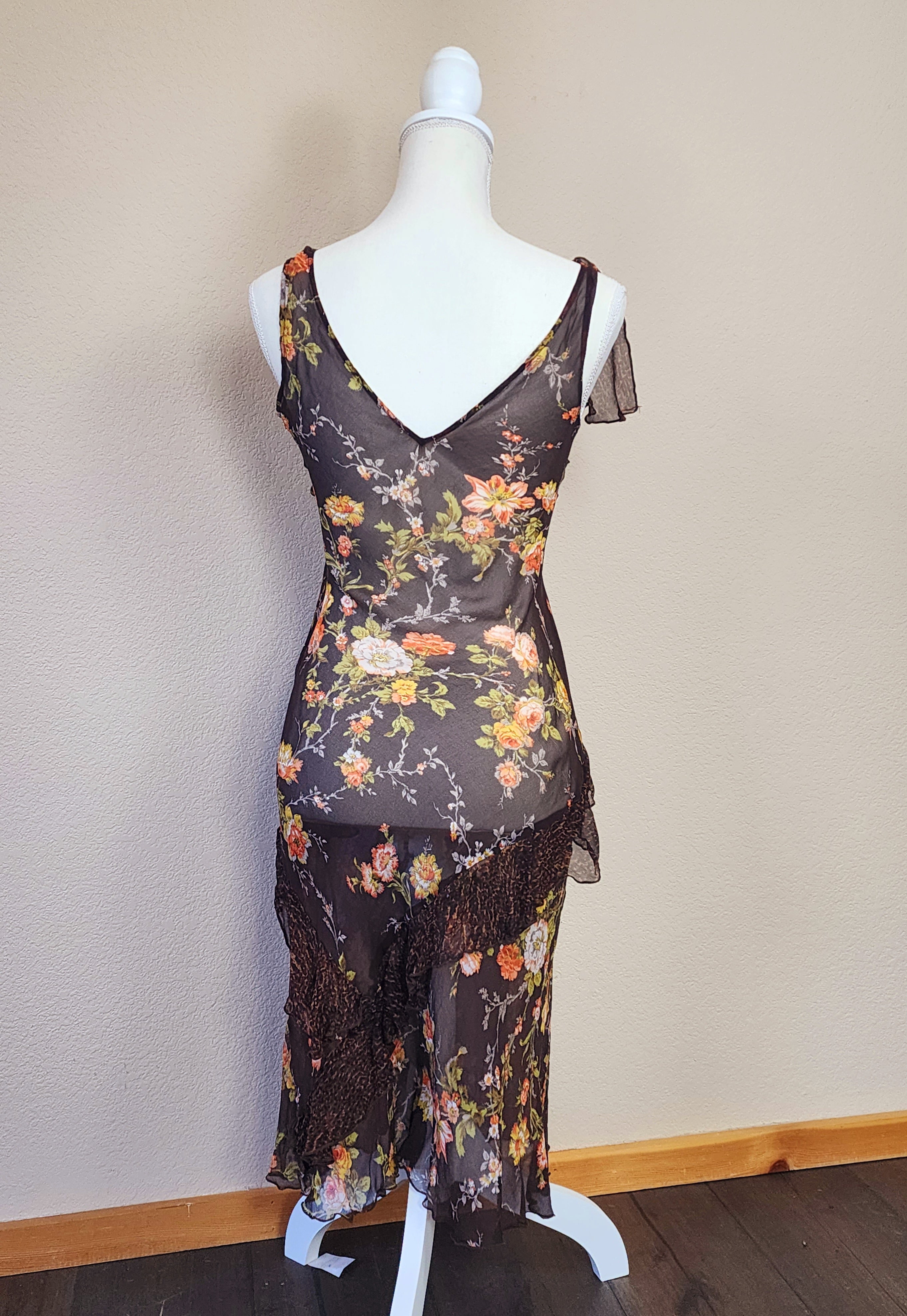 Flowery Brown Sheer/Mesh Form Fitting Slip Dress with Lace Trim on the Bottom