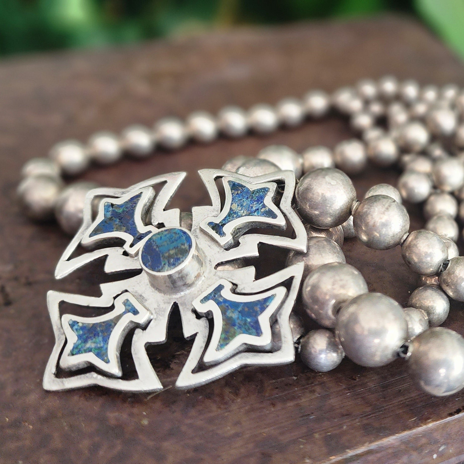 Vintage Mexican Miguel Melendez Sterling Silver Lapis Lazuli Canterbury Cross Pendant on Sterling Silver Bench Bead Necklace with Three Layers