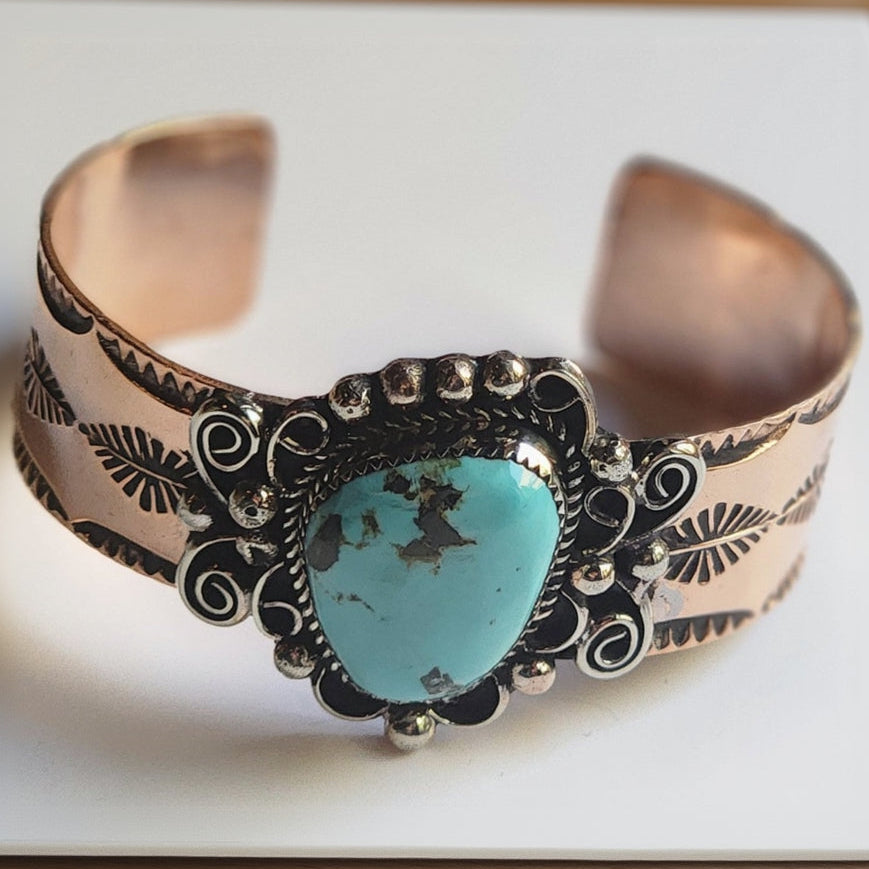Navajo Indian Copper & Turquoise Cuff Bracelet by Cleveland