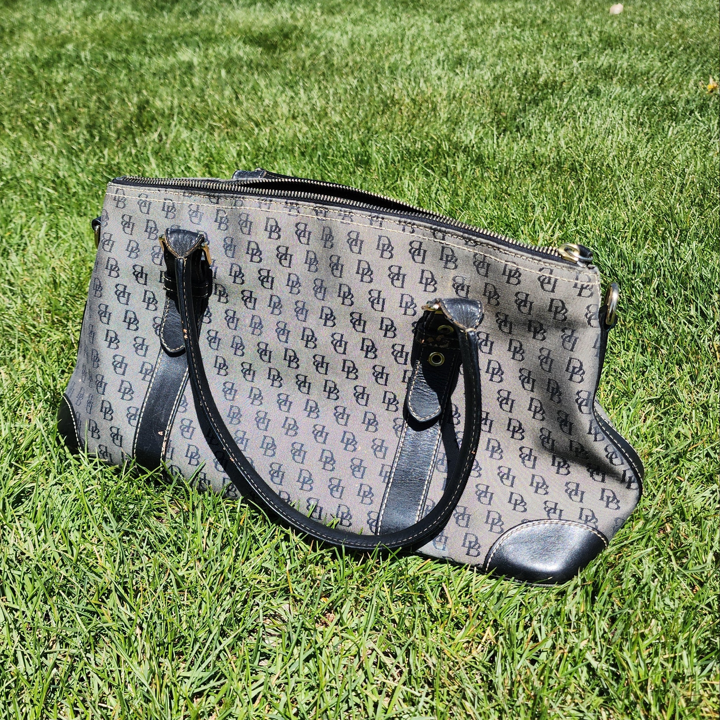 Dooney & Bourke Signature DB Grey/Black Canvas Purse with Black Leather