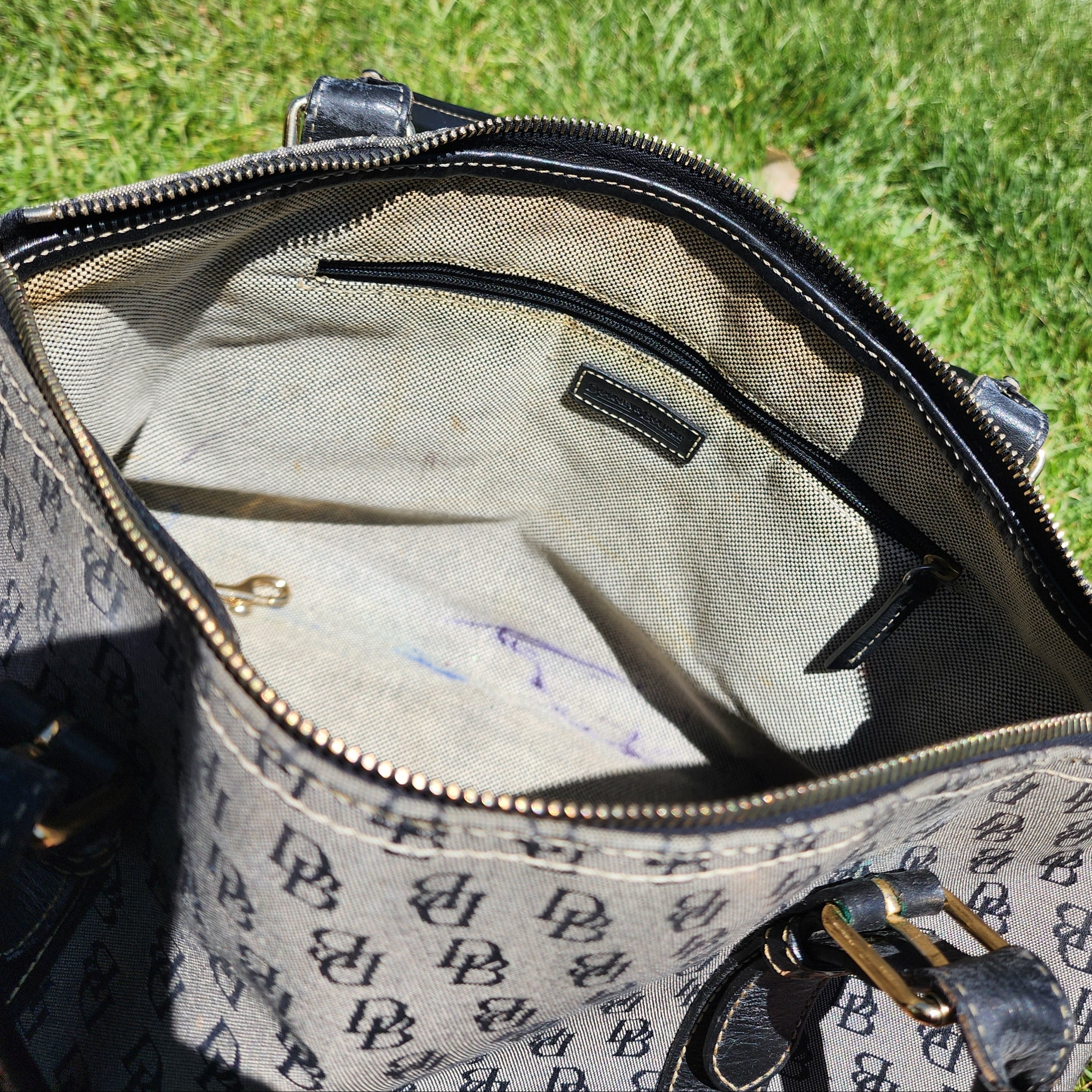 Dooney & Bourke Signature DB Grey/Black Canvas Purse with Black Leather