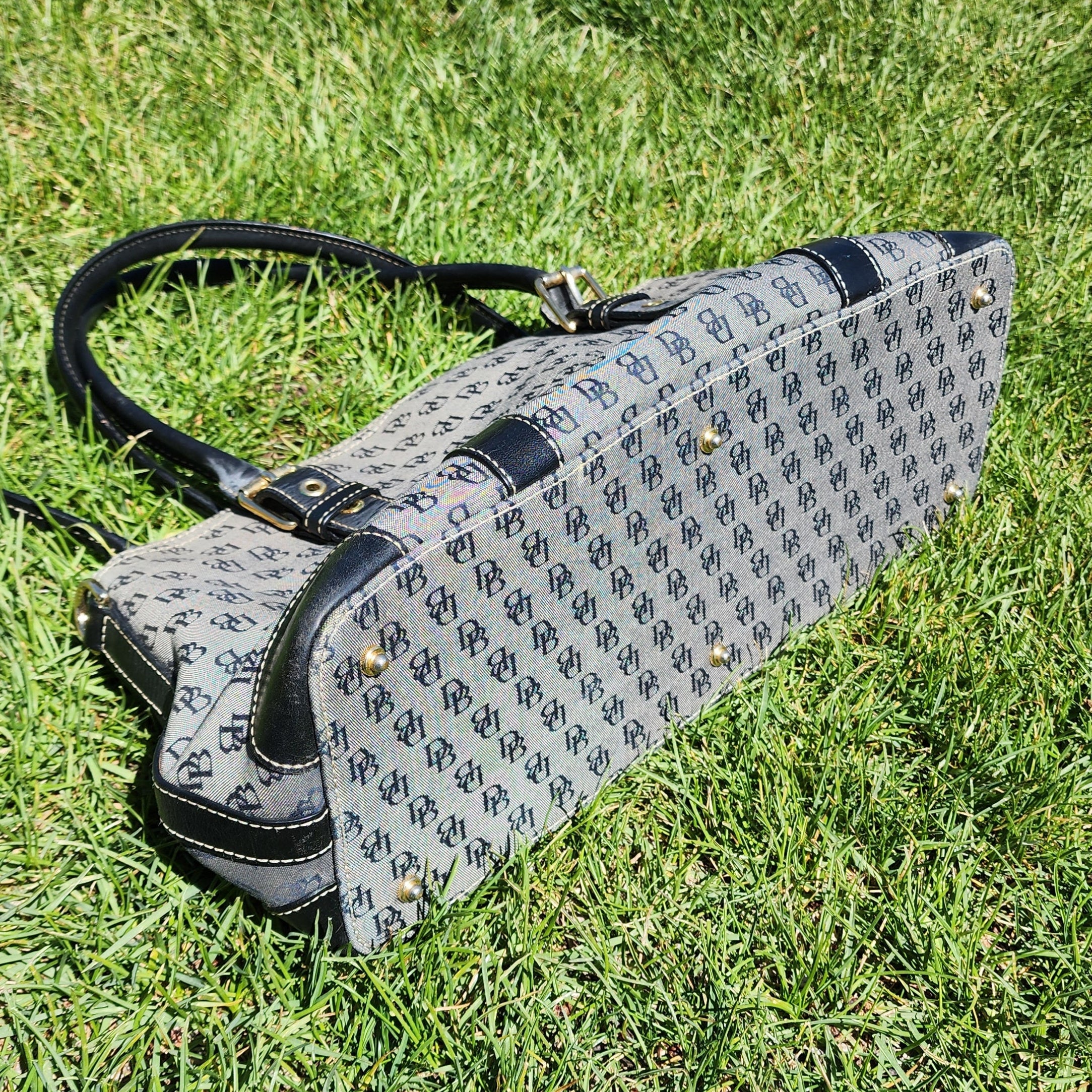 Dooney & Bourke Signature DB Grey/Black Canvas Purse with Black Leather