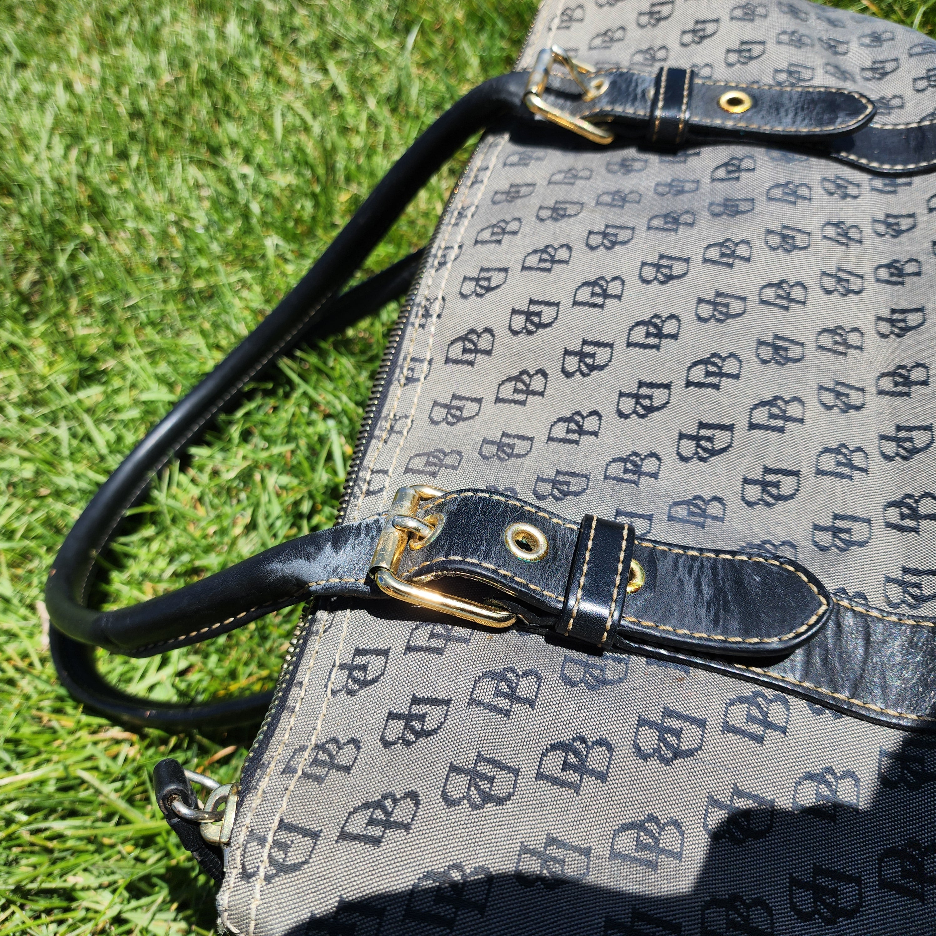 Dooney & Bourke Signature DB Grey/Black Canvas Purse with Black Leather