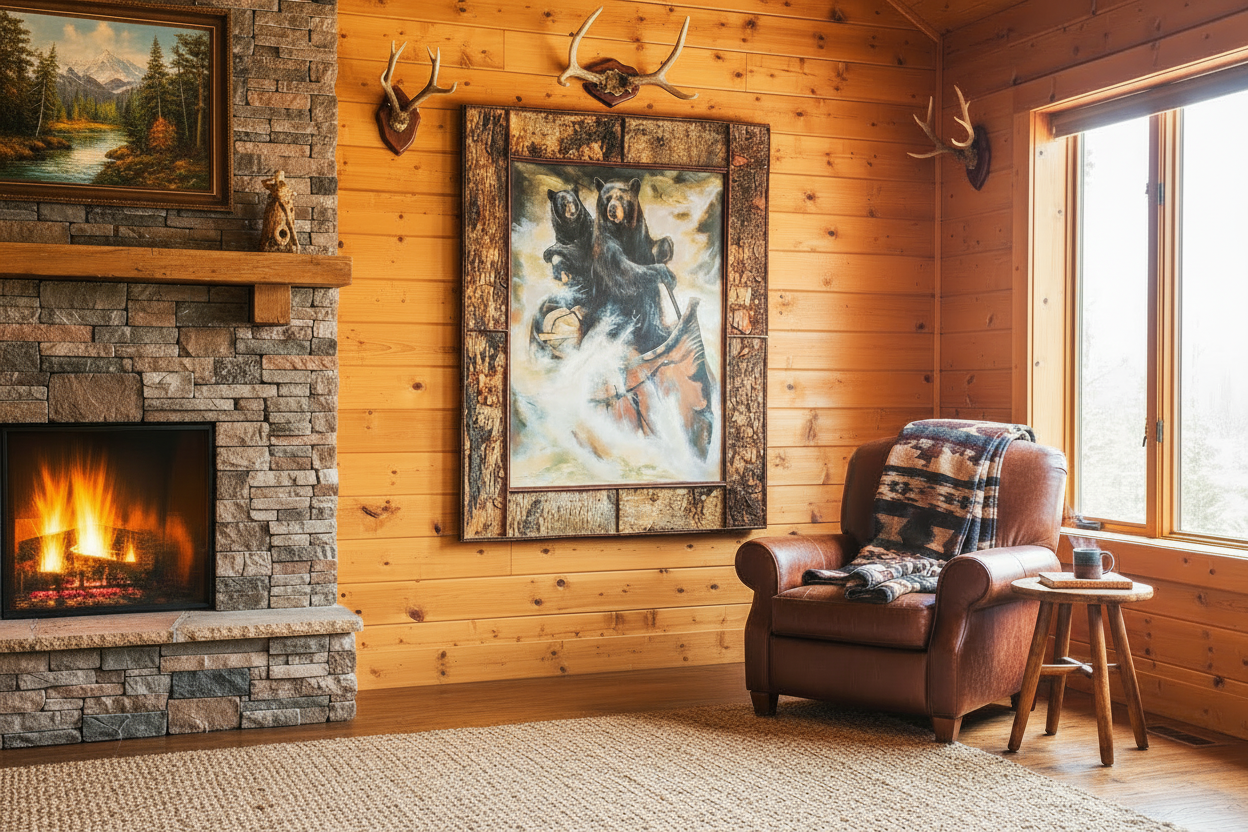 “Running the Rapids” Marilynn Dwyer Mason – Limited Edition Bear Canoe Art Framed Canvas 74/500 51x42