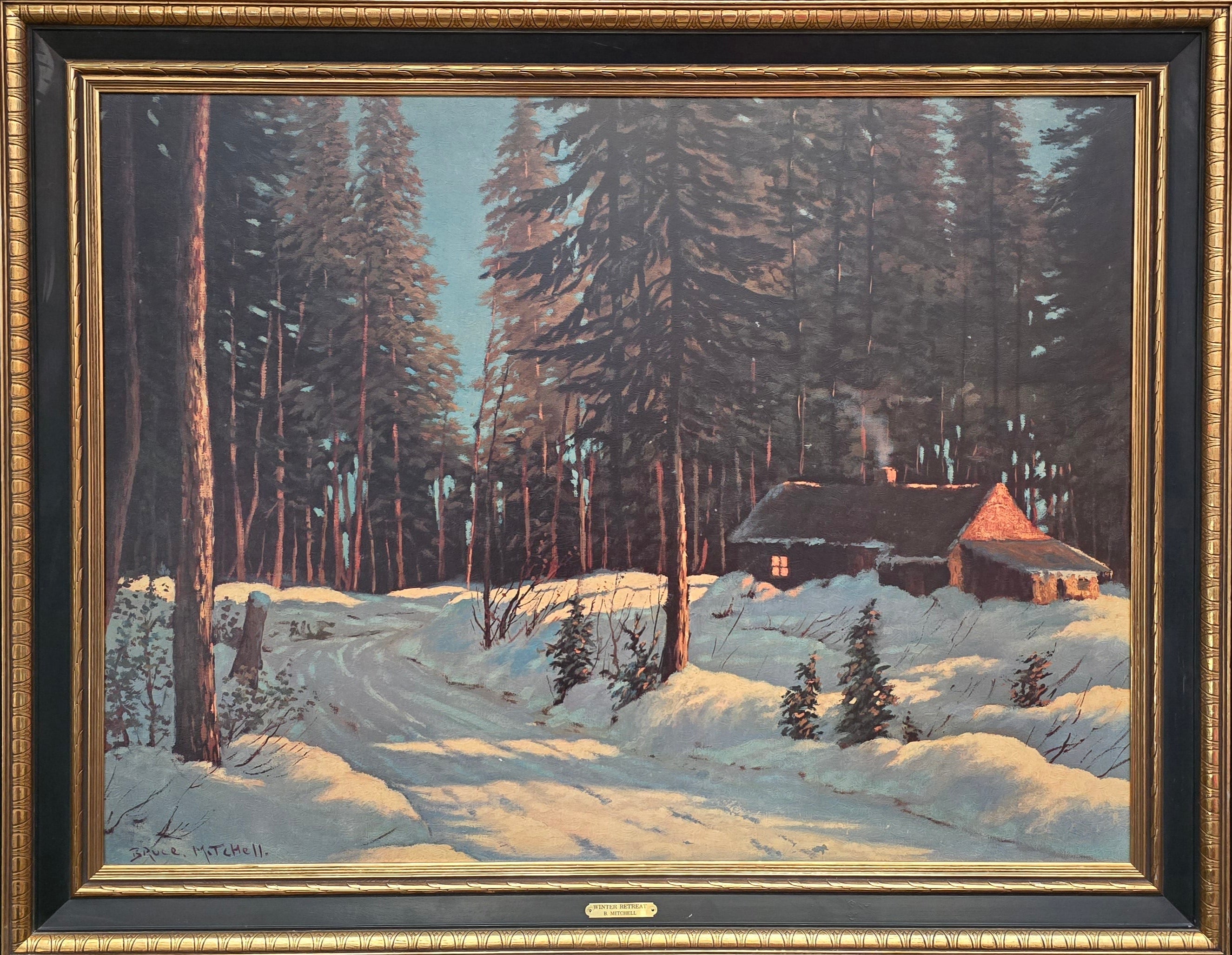 Bruce Mitchell “Winter Retreat” Framed Cabin Snow Painting – Large Rustic Winter Wall Art 36x48