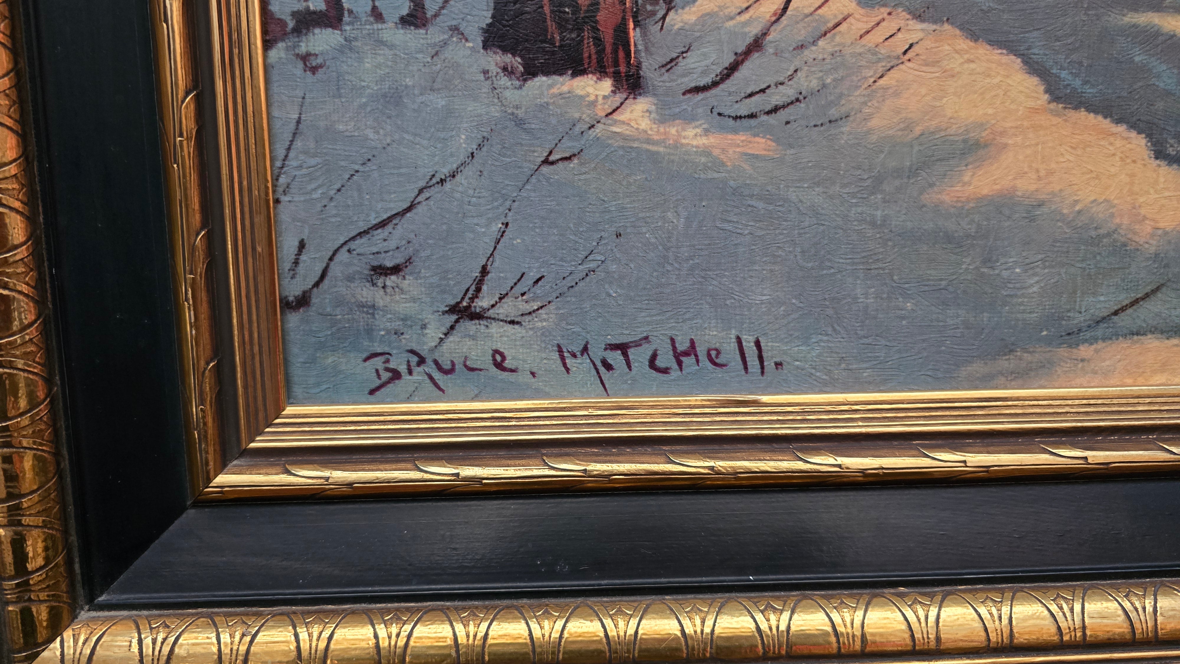 Bruce Mitchell “Winter Retreat” Framed Cabin Snow Painting – Large Rustic Winter Wall Art 36x48