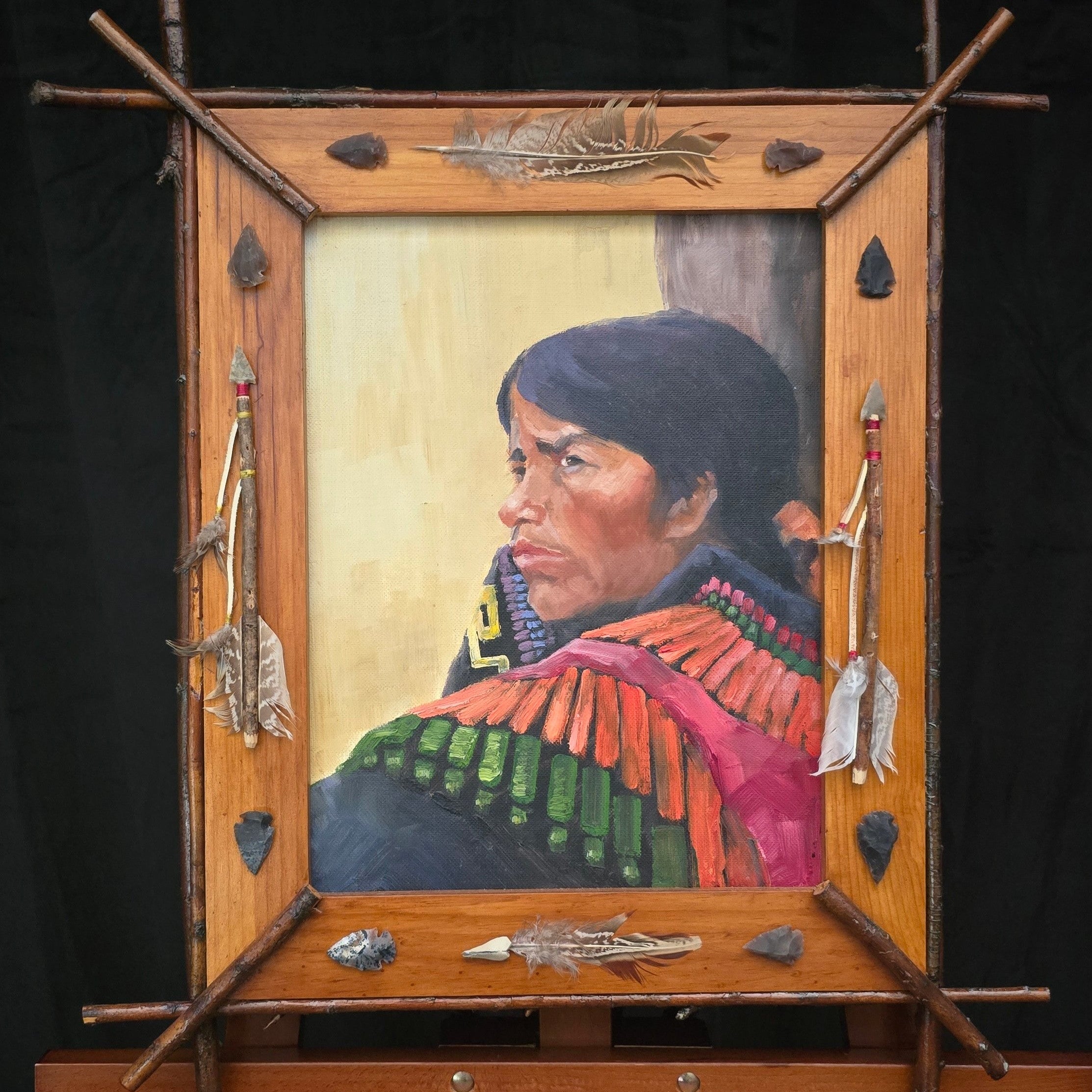 Native American Portrait Painting by Richard Dirk – Framed Rustic Mixed Media Wall Art 20x23