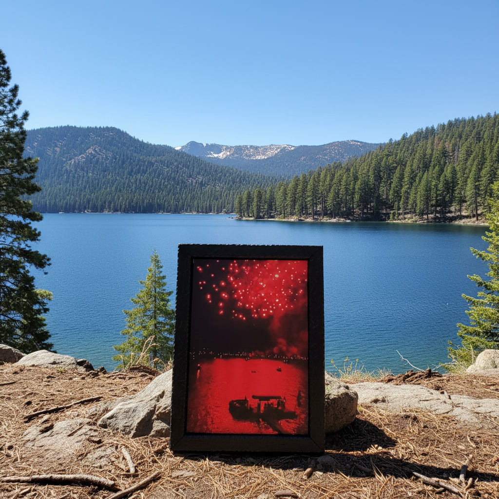 Original John Hummel Red Fireworks Photo Print Big Bear Lake California 25x35 Framed Wall Art