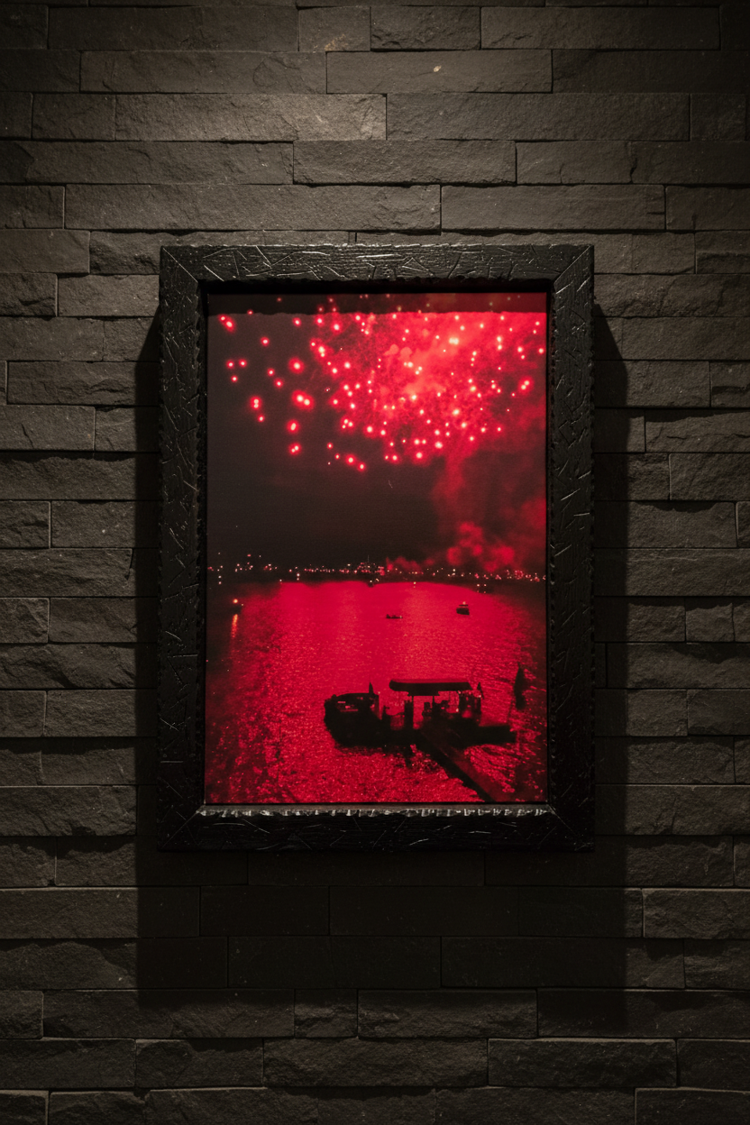 Original John Hummel Red Fireworks Photo Print Big Bear Lake California 25x35 Framed Wall Art