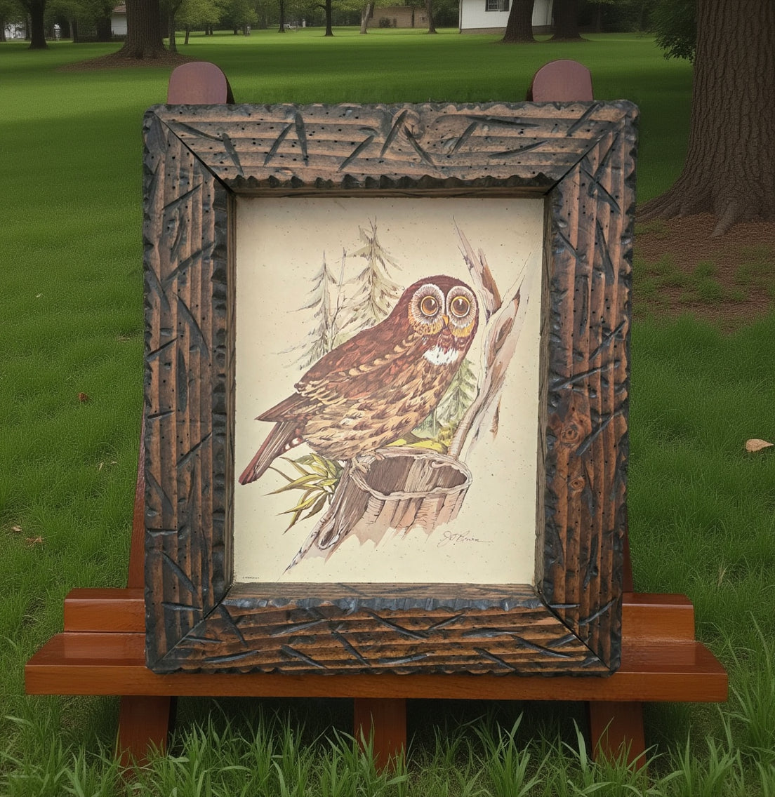 vintage 1970s J O’Brien framed owl lithograph with rustic carved wood frame woodland cabin lodge wall art
