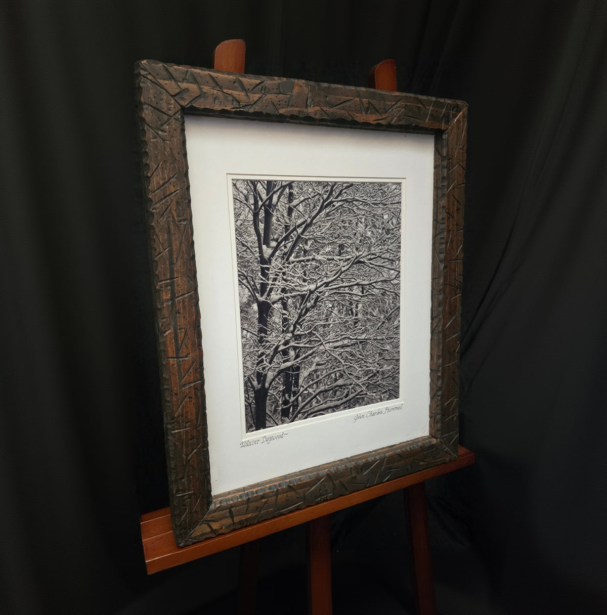 signed Winter Dogwood black and white framed photograph by JHummelPhotographics featuring frost covered trees in Lake Arrowhead California with rustic carved wood frame
