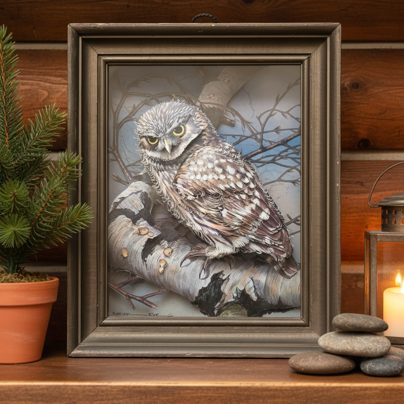 Basil Ede "The Little Owl" Paper Cut 3-Dimensional Print Decoupage Shadow Box