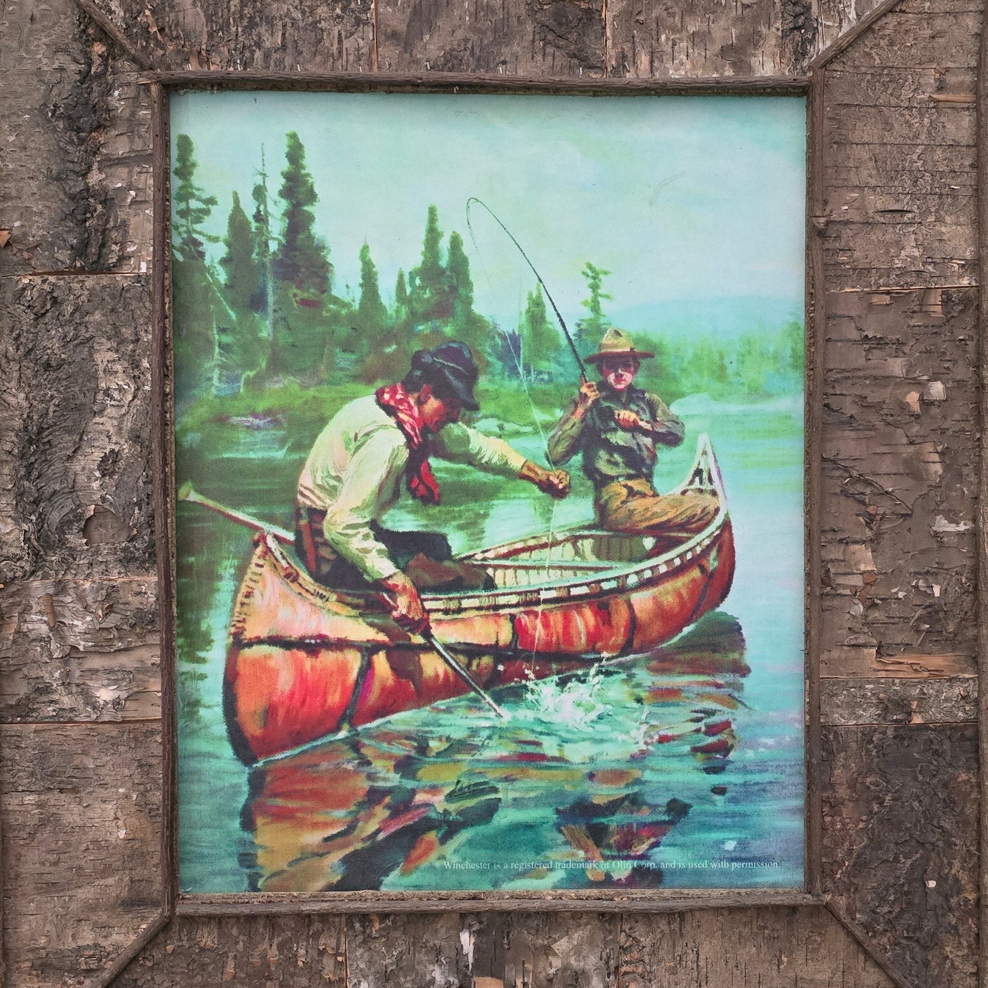 "Reeling in a Big One" By Jimi McKee Canvas Transfer with Custom Birch Bark Adirondack Style Frame