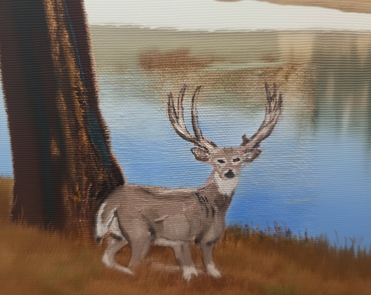 Peaceful Lakeside Deer – Original Painting by Angie Stam