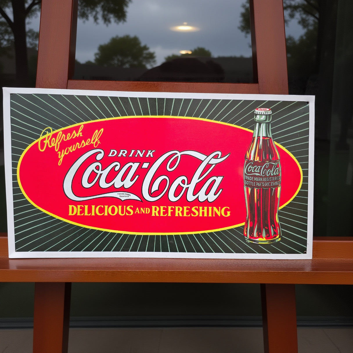 Vintage-style metal advertisement tin sign featuring retro Americana, automotive, gasoline, soda, and garage-themed artwork with distressed classic graphics and nostalgic decor styling.