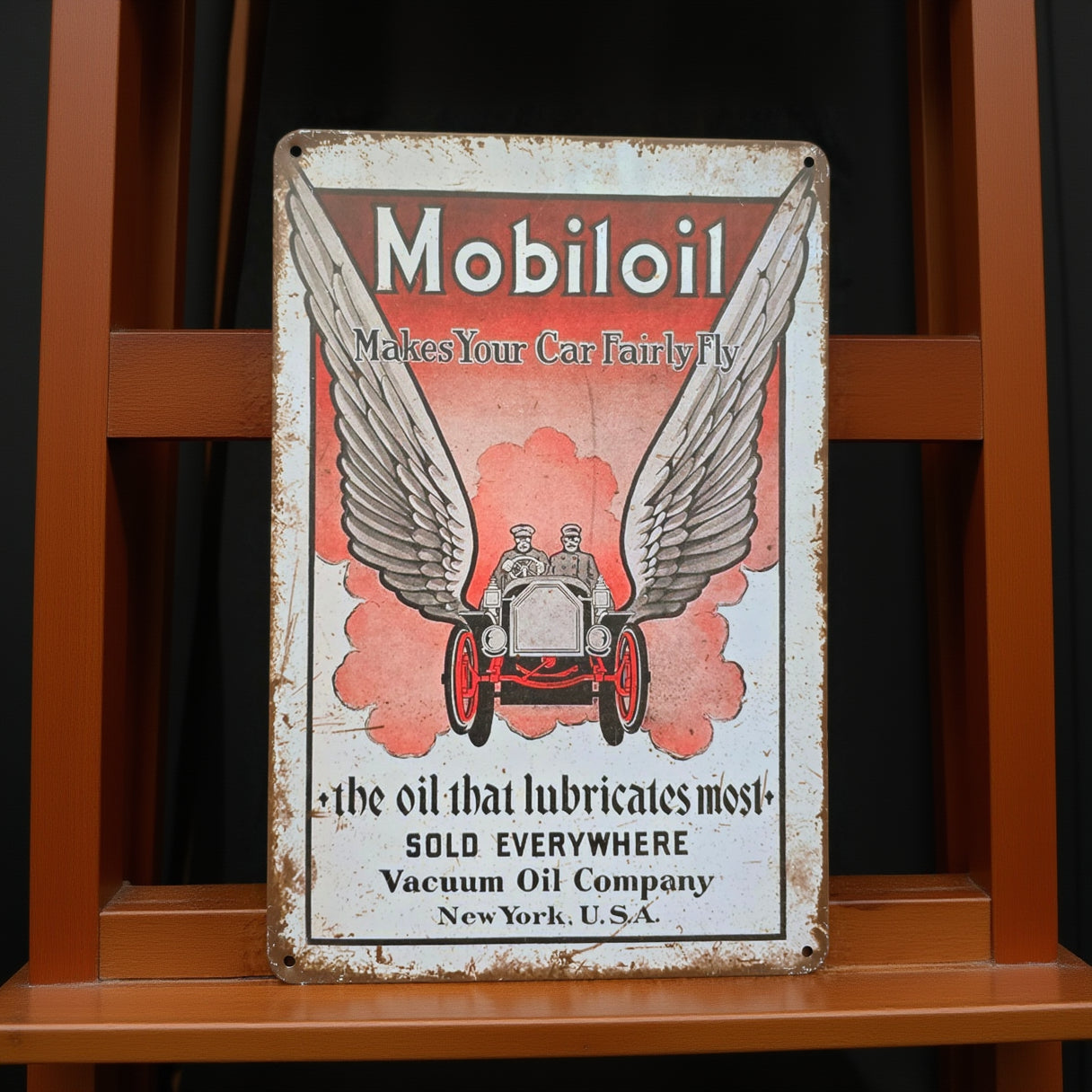 Vintage-style metal advertisement tin sign featuring retro Americana, automotive, gasoline, soda, and garage-themed artwork with distressed classic graphics and nostalgic decor styling.