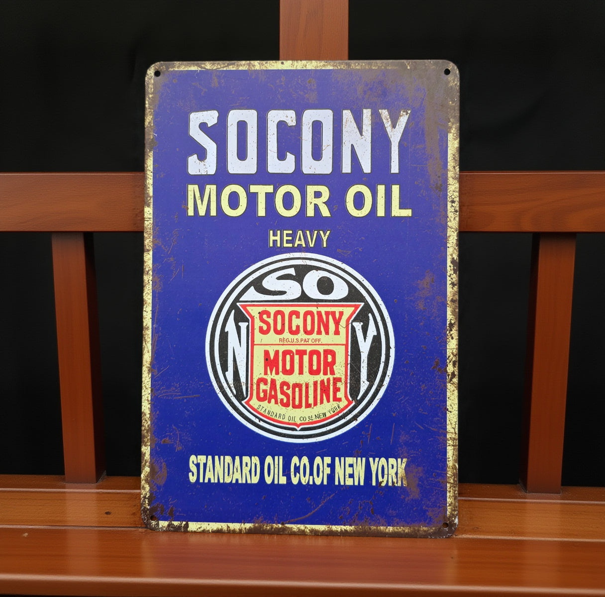 Vintage-style metal advertisement tin sign featuring retro Americana, automotive, gasoline, soda, and garage-themed artwork with distressed classic graphics and nostalgic decor styling.