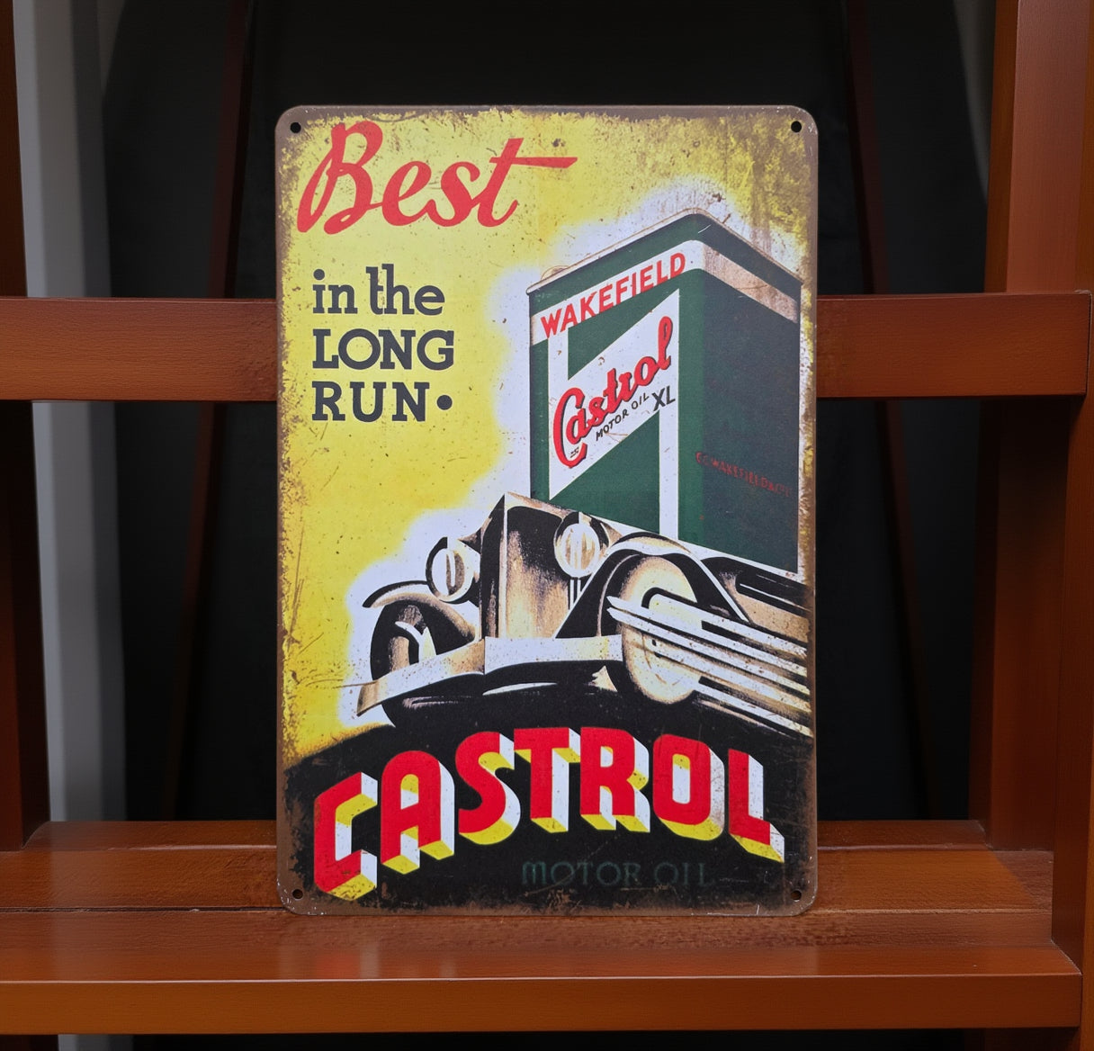 Vintage-style metal advertisement tin sign featuring retro Americana, automotive, gasoline, soda, and garage-themed artwork with distressed classic graphics and nostalgic decor styling.