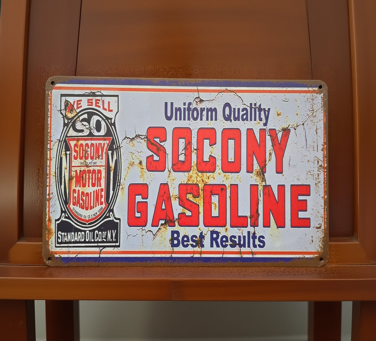 Vintage-style metal advertisement tin sign featuring retro Americana, automotive, gasoline, soda, and garage-themed artwork with distressed classic graphics and nostalgic decor styling.