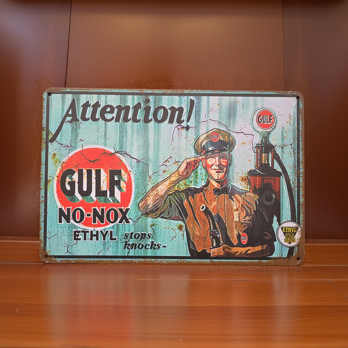 Vintage-style metal advertisement tin sign featuring retro Americana, automotive, gasoline, soda, and garage-themed artwork with distressed classic graphics and nostalgic decor styling.