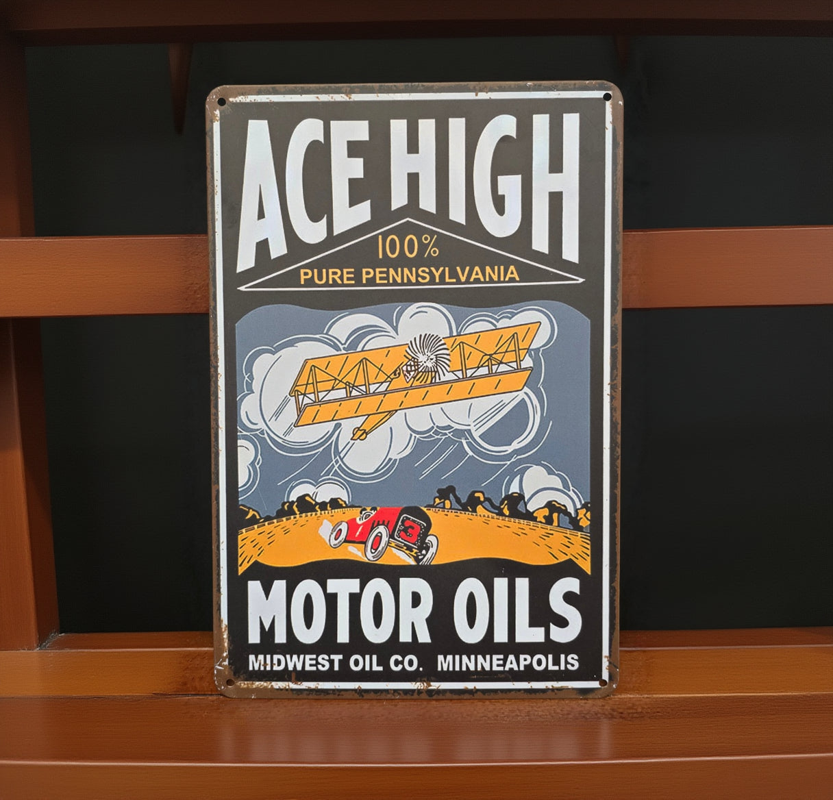 Vintage-style metal advertisement tin sign featuring retro Americana, automotive, gasoline, soda, and garage-themed artwork with distressed classic graphics and nostalgic decor styling.