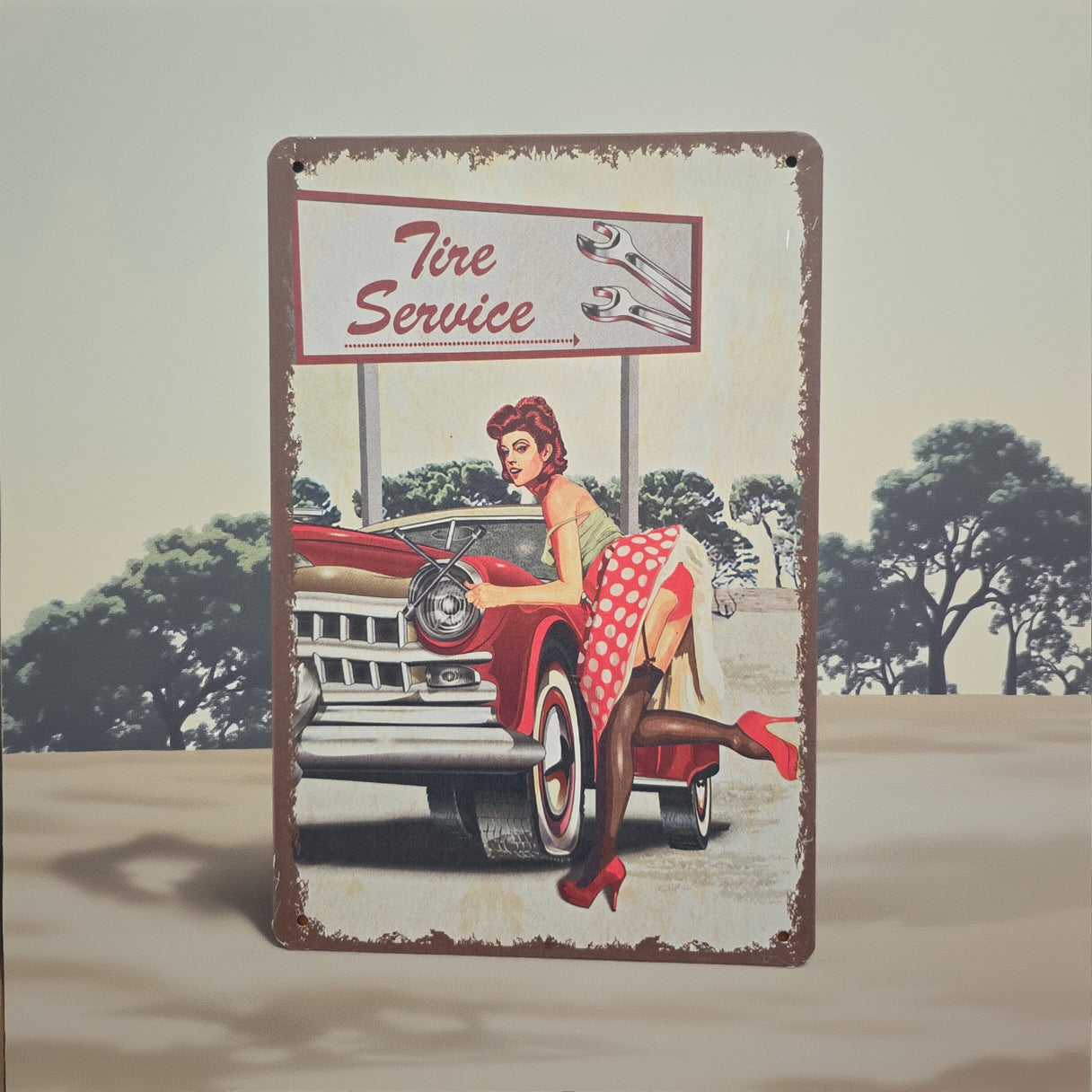 Vintage-style metal advertisement tin sign featuring retro Americana, automotive, gasoline, soda, and garage-themed artwork with distressed classic graphics and nostalgic decor styling.