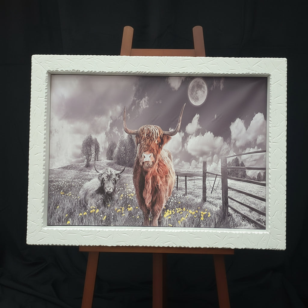 Highland Brown and Grey Cows Canvas Print Wall Art in Custom Solid Wood White Frame