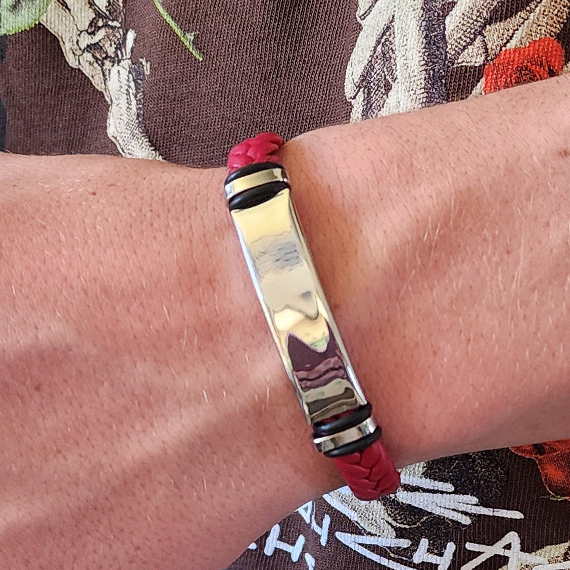 Red Leather Braided Bracelet with Stainless Steel Charm