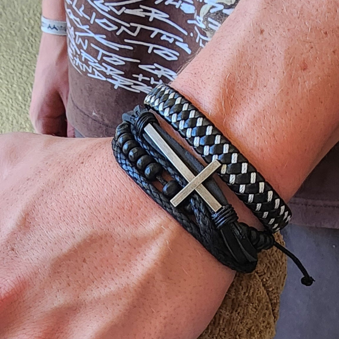 Leather Bracelet with Silver Colored Cross Charm