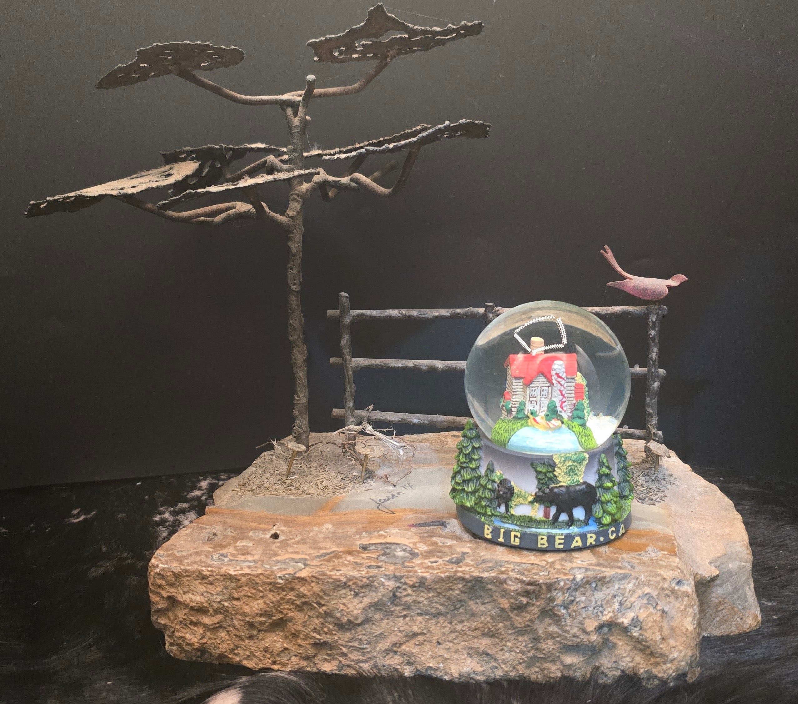 big bear california snow globe featuring mountain cabin scene with pine trees and black bear base measuring 3.5 inches tall