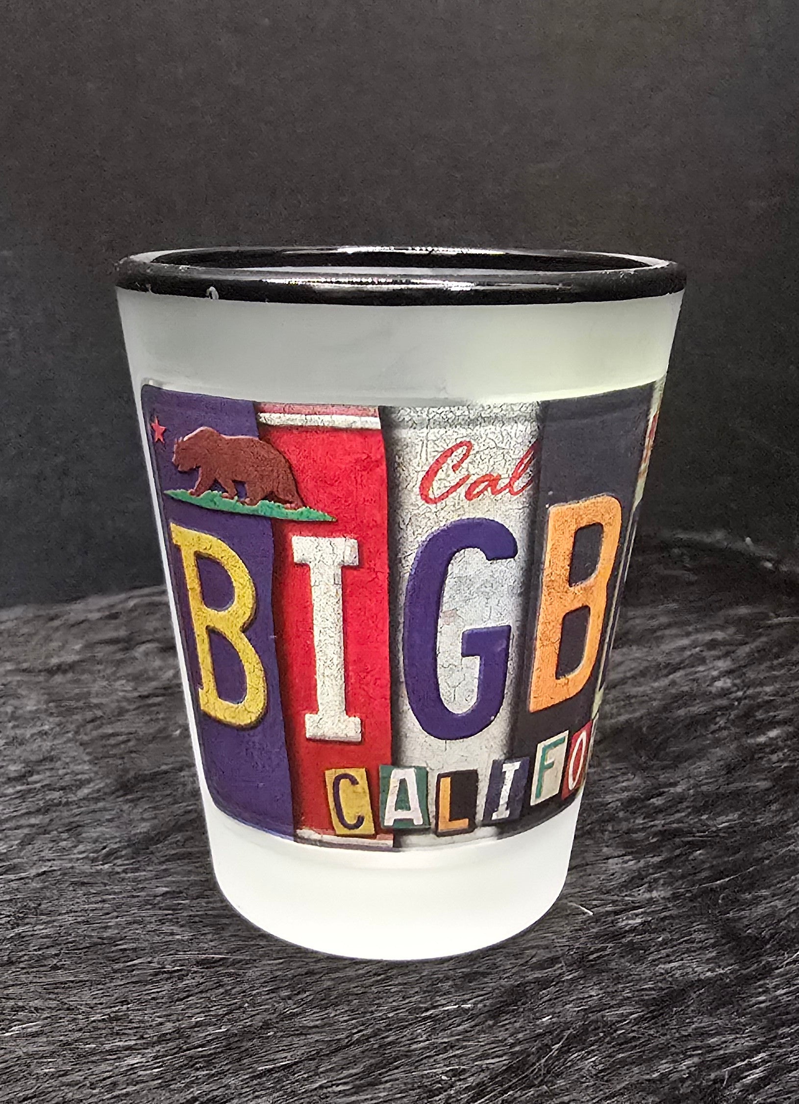 Big Bear California Frosted Shot Glass License Plate Collage Design Souvenir
