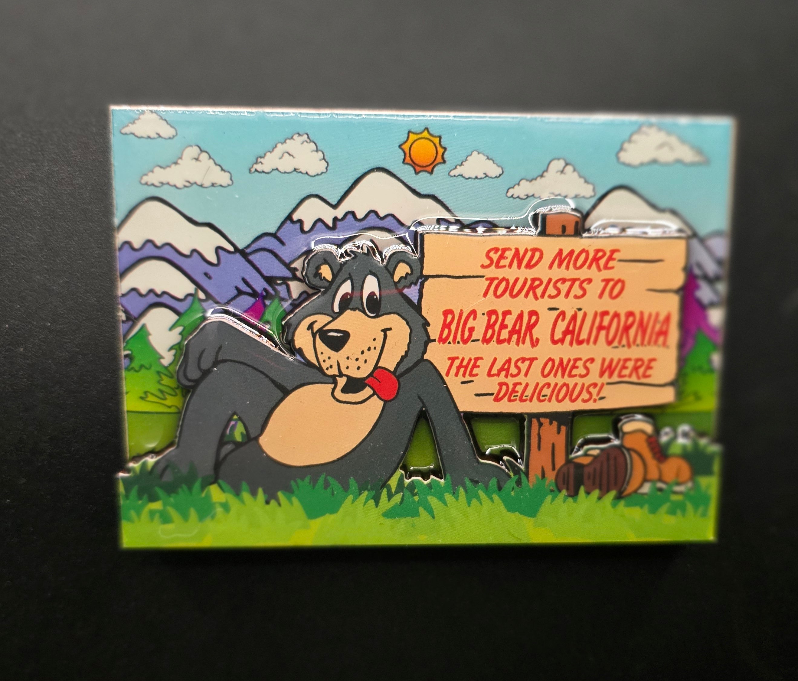 funny big bear california magnet featuring cartoon bear and humorous send more tourists sign measuring 3.5 by 2.5 inches