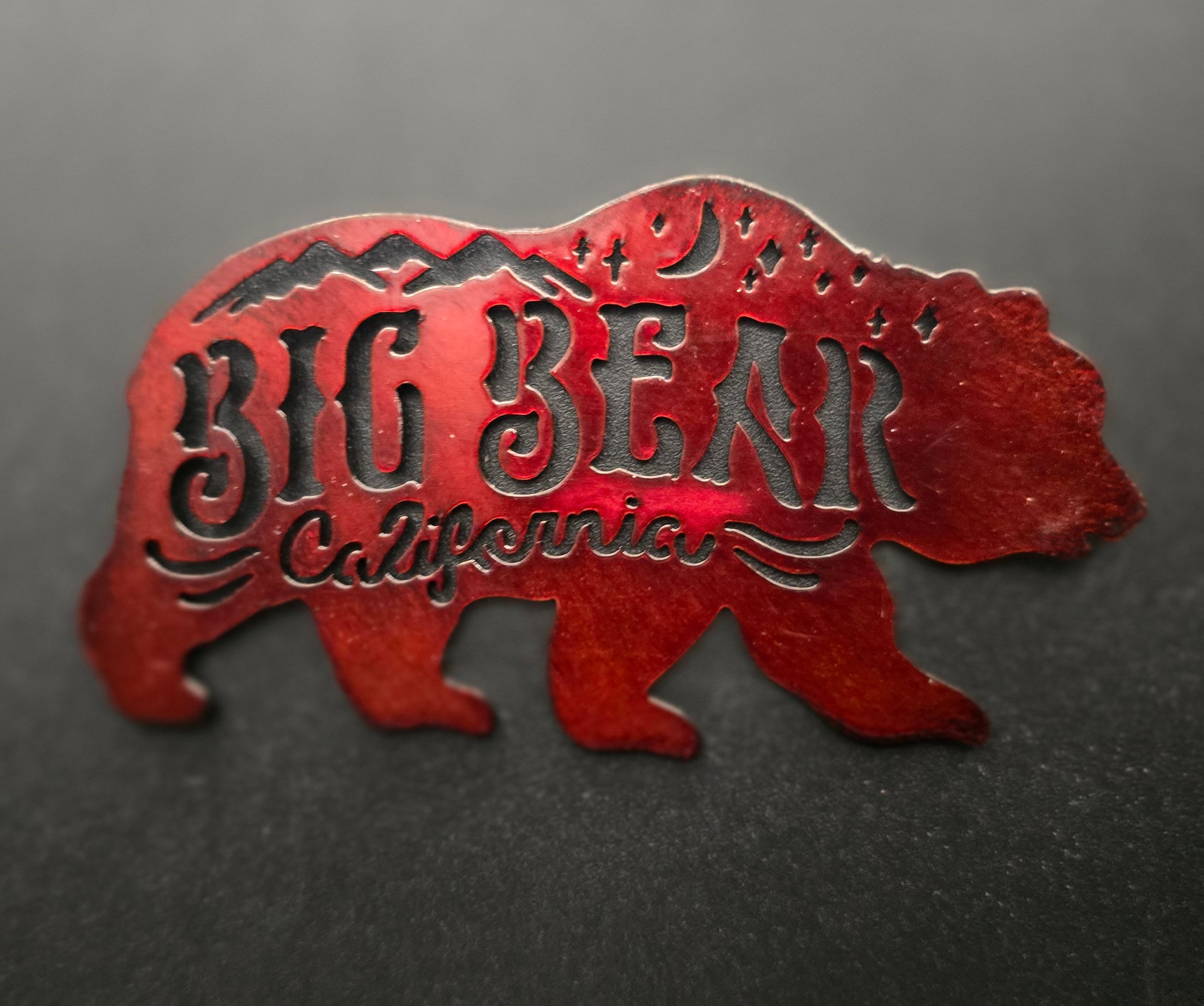 rustic copper colored big bear california metal magnet shaped like a bear measuring 3.5 inches wide