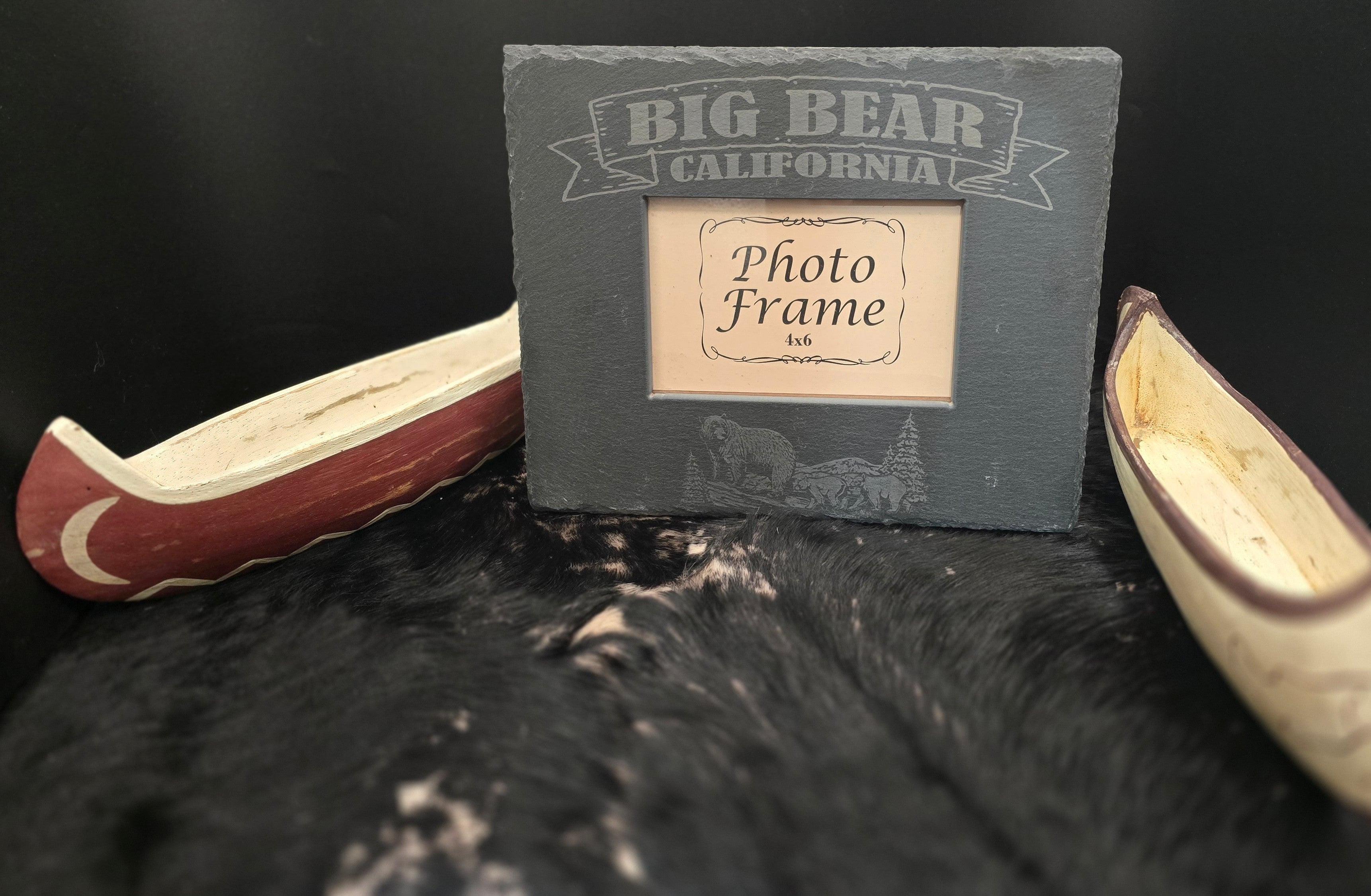 big bear california laser engraved slate 4x6 photo frame with rustic mountain and bear design